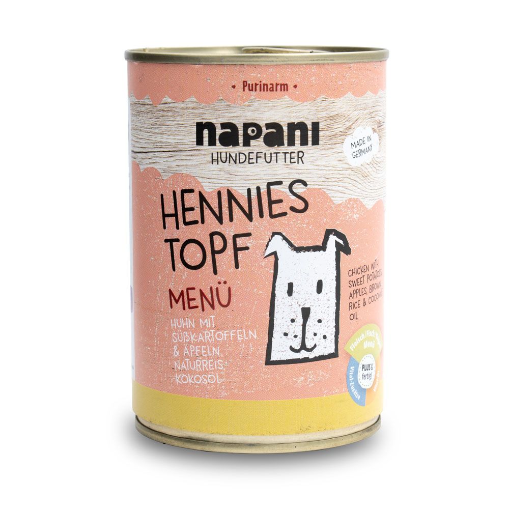Napani Bio Menü für Hunde Hennies Topf Hundefutter-Dose mit Huhn, Süßkartoffeln, Äpfeln, Naturreis und Kokosöl.
