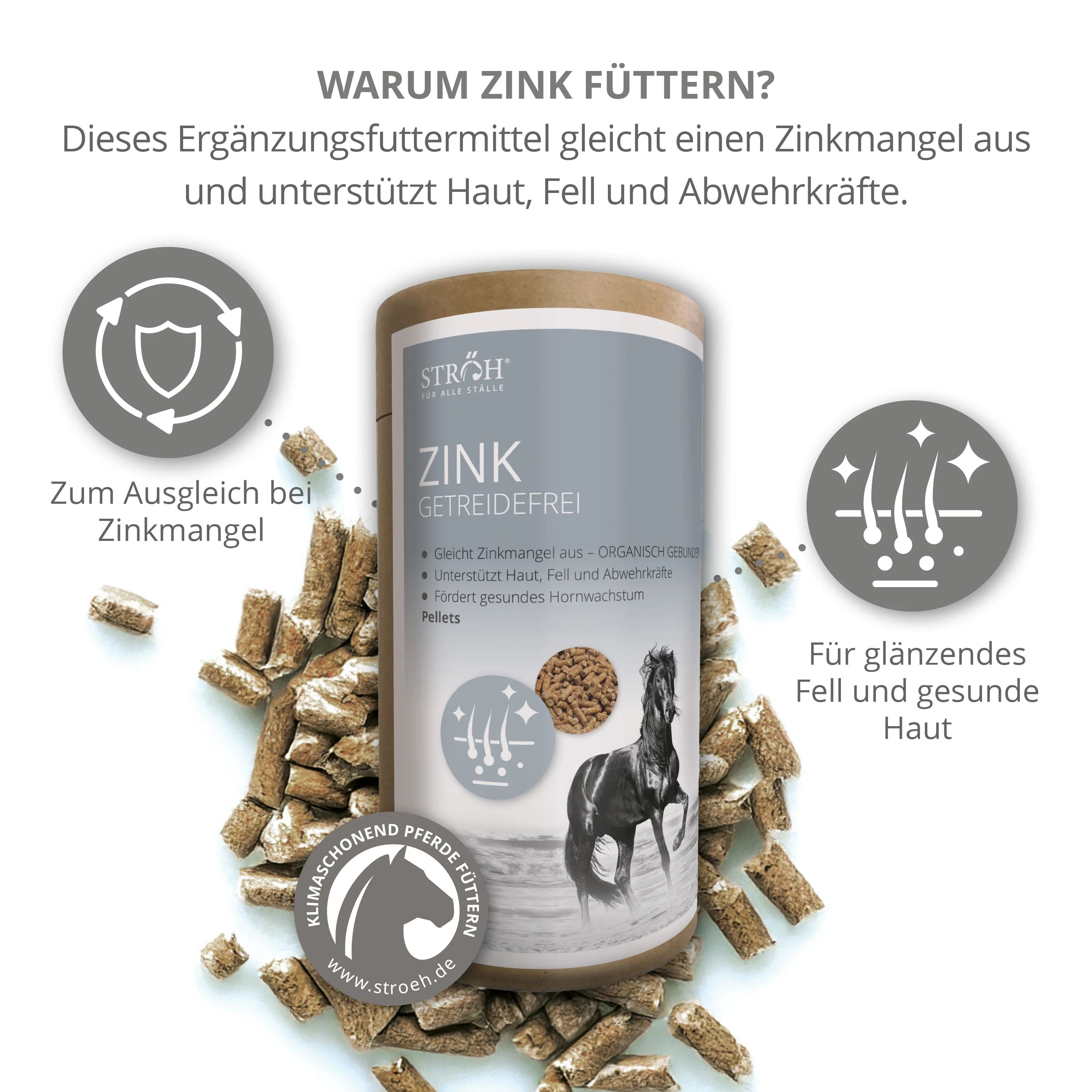 Zink-Ergänzungsfuttermittel in Dose. Dose mit Produktinformationen und Pferdeabbildung. Pellets daneben.