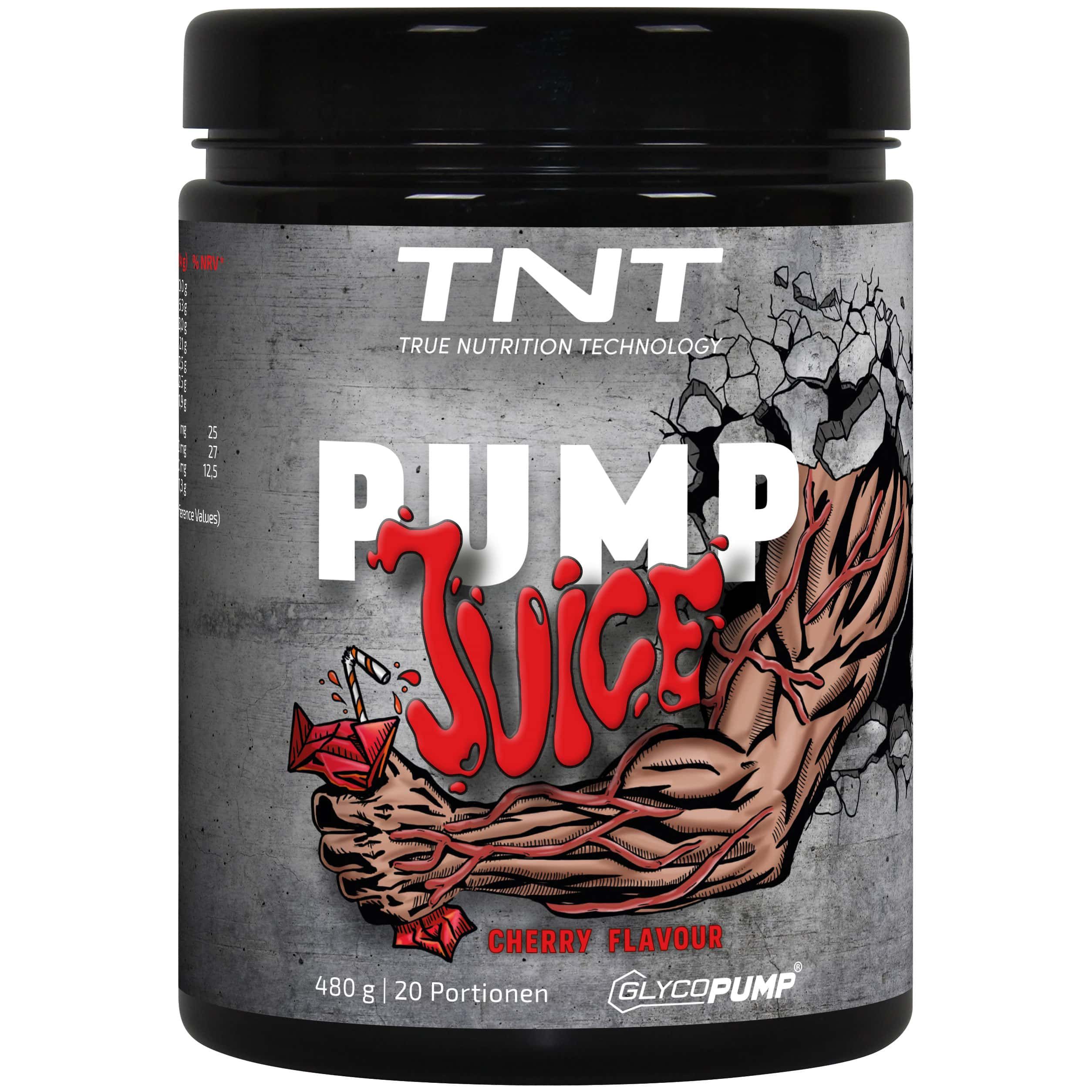 Schwarzer Behälter mit "TNT Pump Juice"-Etikett. Abbildung eines Armes, der aus einer Wand bricht. Kirschgeschmack.