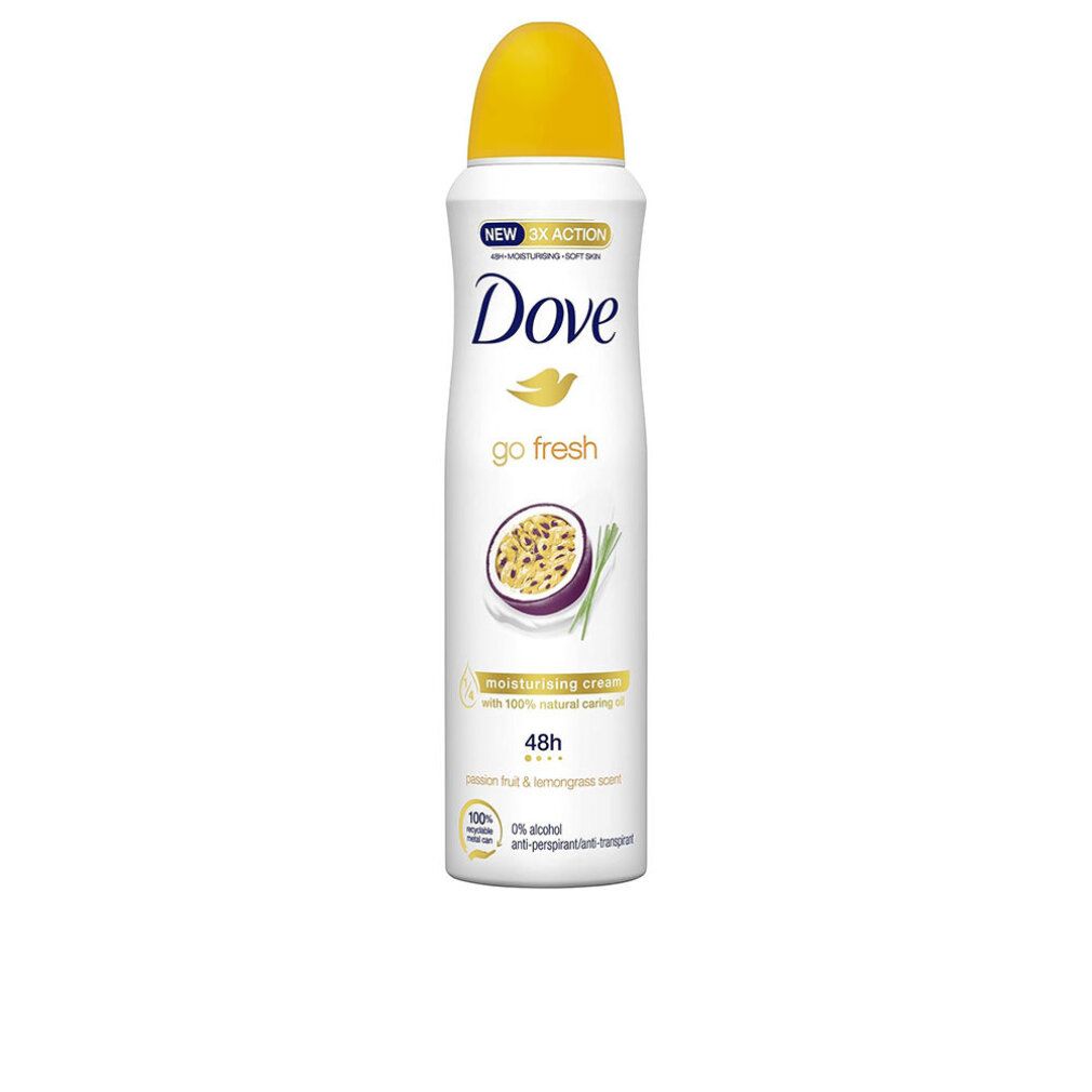 Weißes Deo mit gelbem Deckel. Aufschrift Dove go fresh. Abbildung einer Passionsfrucht und Zitronengras. 48h Schutz.