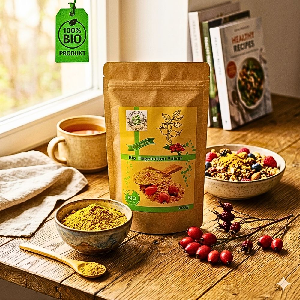 Tüte mit Bio Hagebutten Pulver, Schalen mit Pulver und Beeren, daneben Bücher. Aufschrift: 100% Bio Produkt, Bio Hagebutten Pulver.