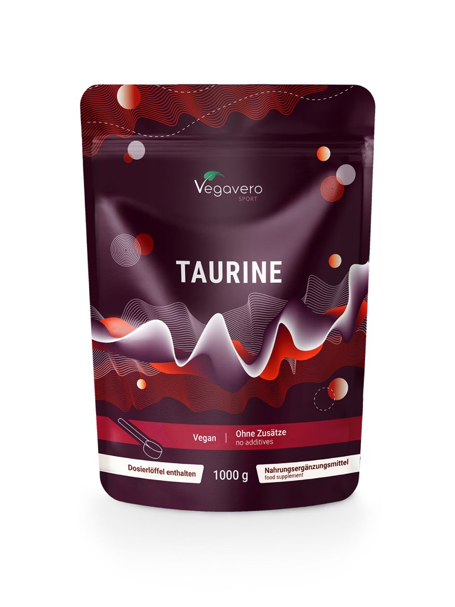 Beutel mit VEGAVERO Taurin Pulver. Aufschrift: TAURINE, Vegan, ohne Zusätze, 1000 g. Enthält Dosierlöffel.