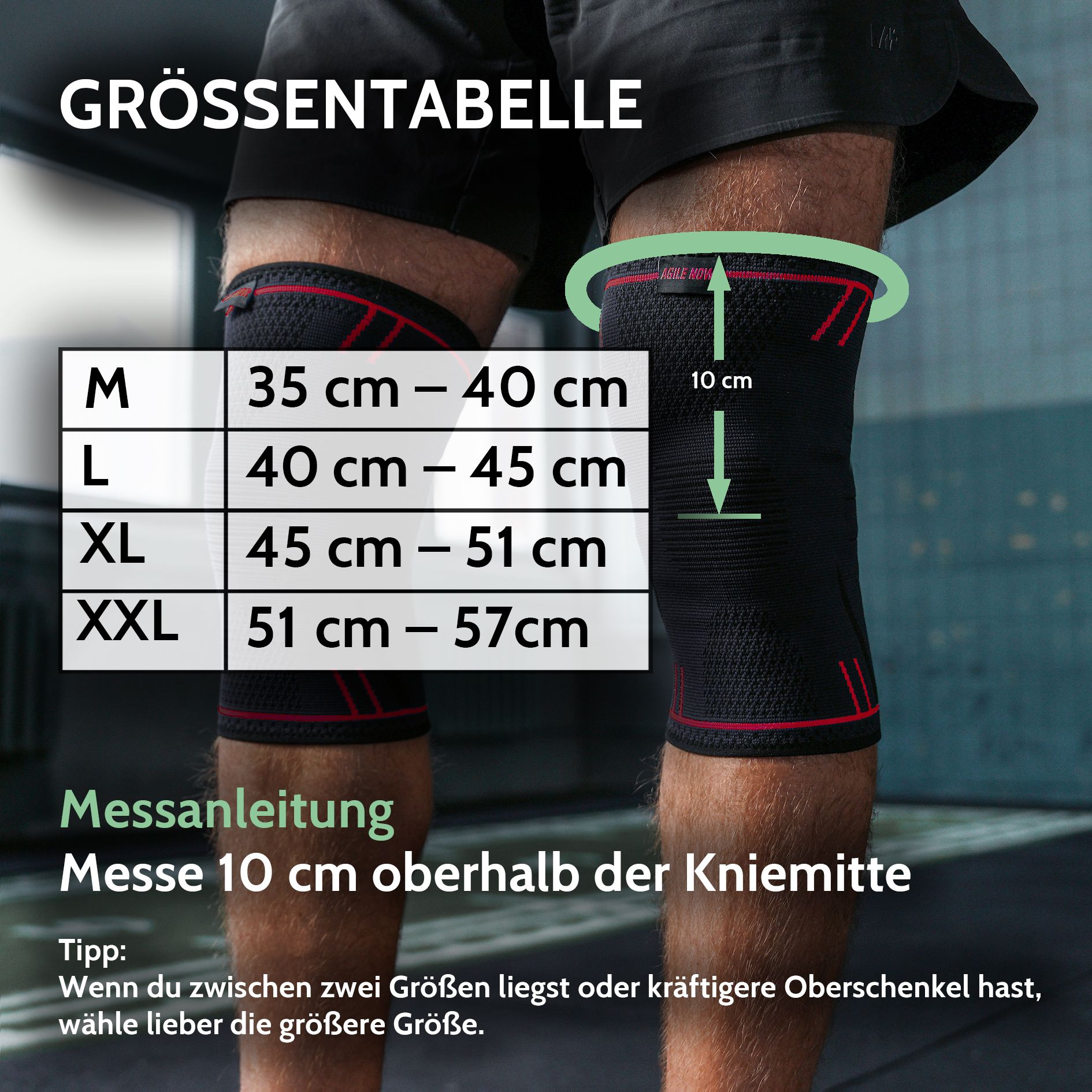 Größentabelle für Kniebandagen. Größen: M, L, XL, XXL. Messanleitung: 10 cm oberhalb der Knie Mitte.