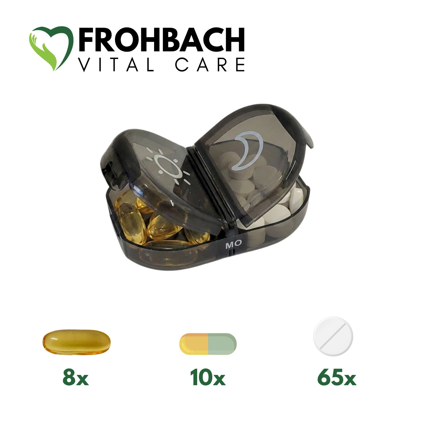 Frohbach Vital Care 7-Tage Pillenbox. Geöffnete Tagesbox mit Pillen. 8x, 10x, 65x Pillen.