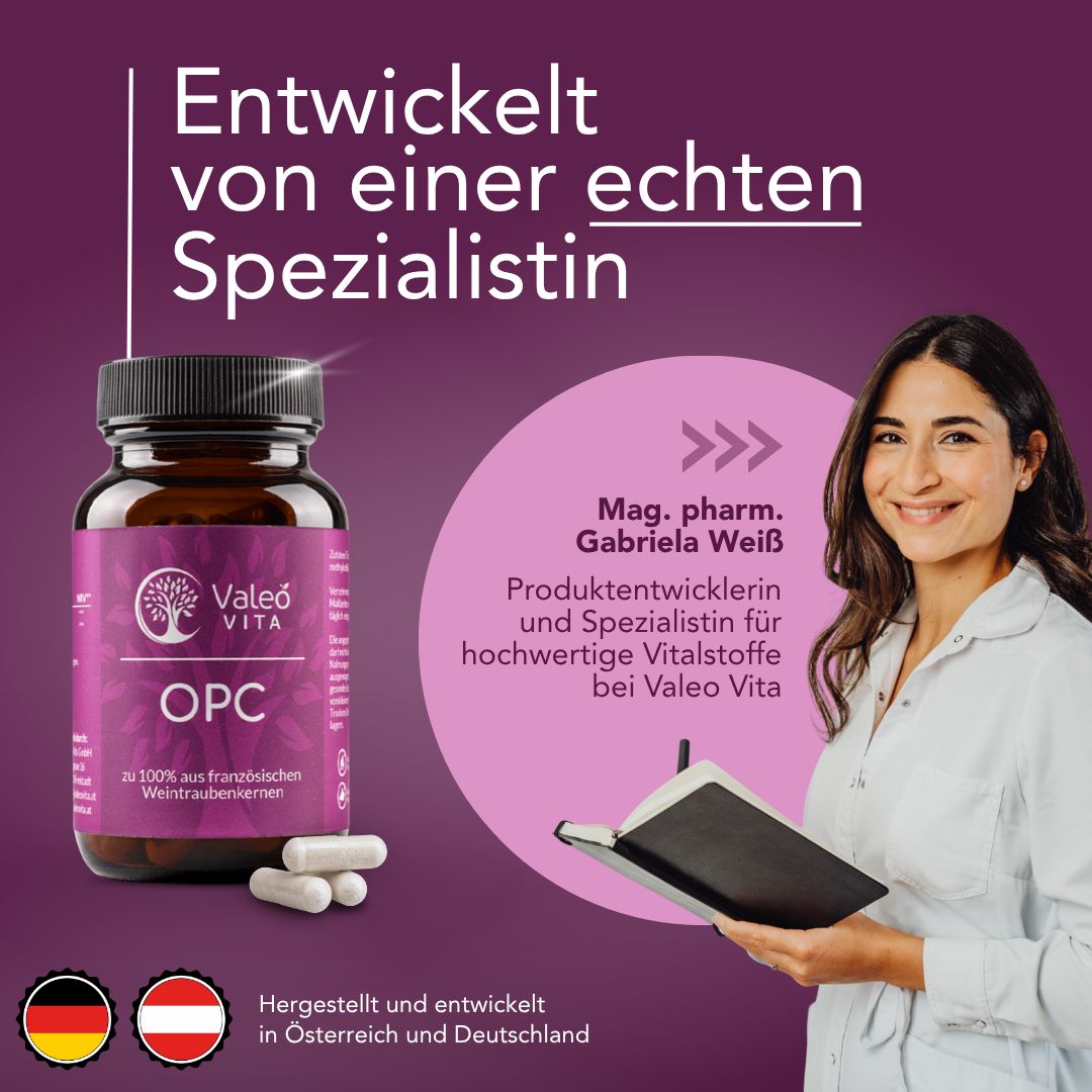 Produktflasche mit Kapseln neben einer Frau. Text: Entwickelt von einer echten Spezialistin. Hergestellt in Österreich und Deutschland. Logo Valeo Vita.
