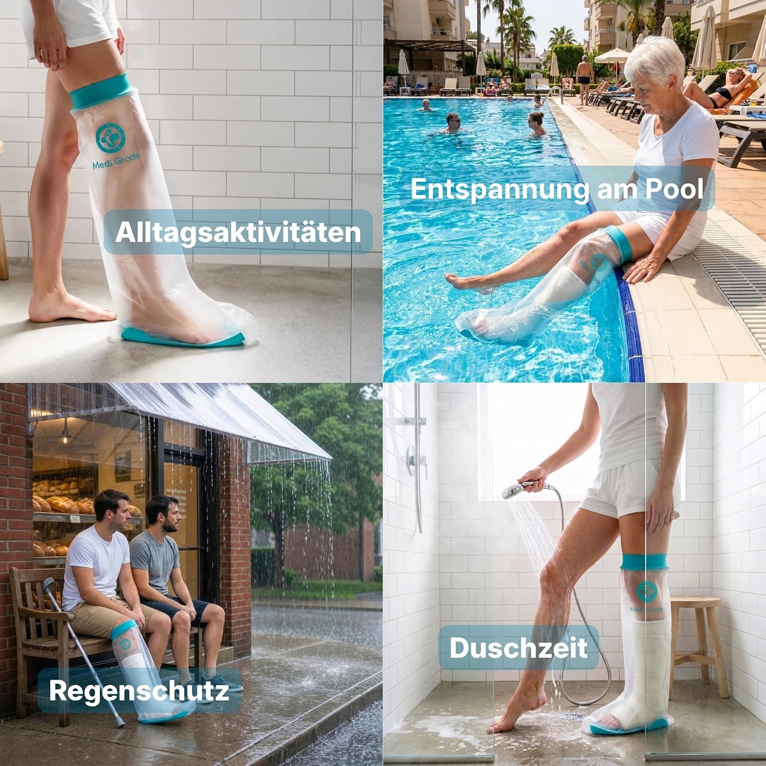 Vier Szenen: Alltag, Pool, Regen, Dusche mit Beinschutz.
