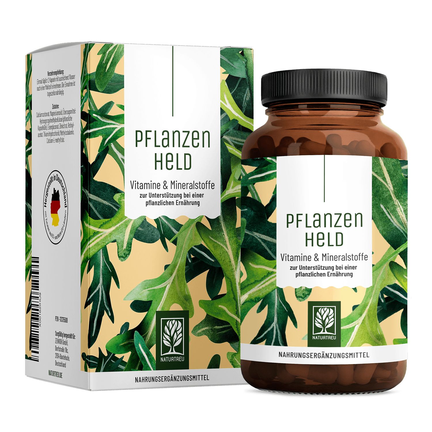 Pflanzenheld Multivitamin Kapseln in Braunglasflasche und Umverpackung mit Blattmotiv.