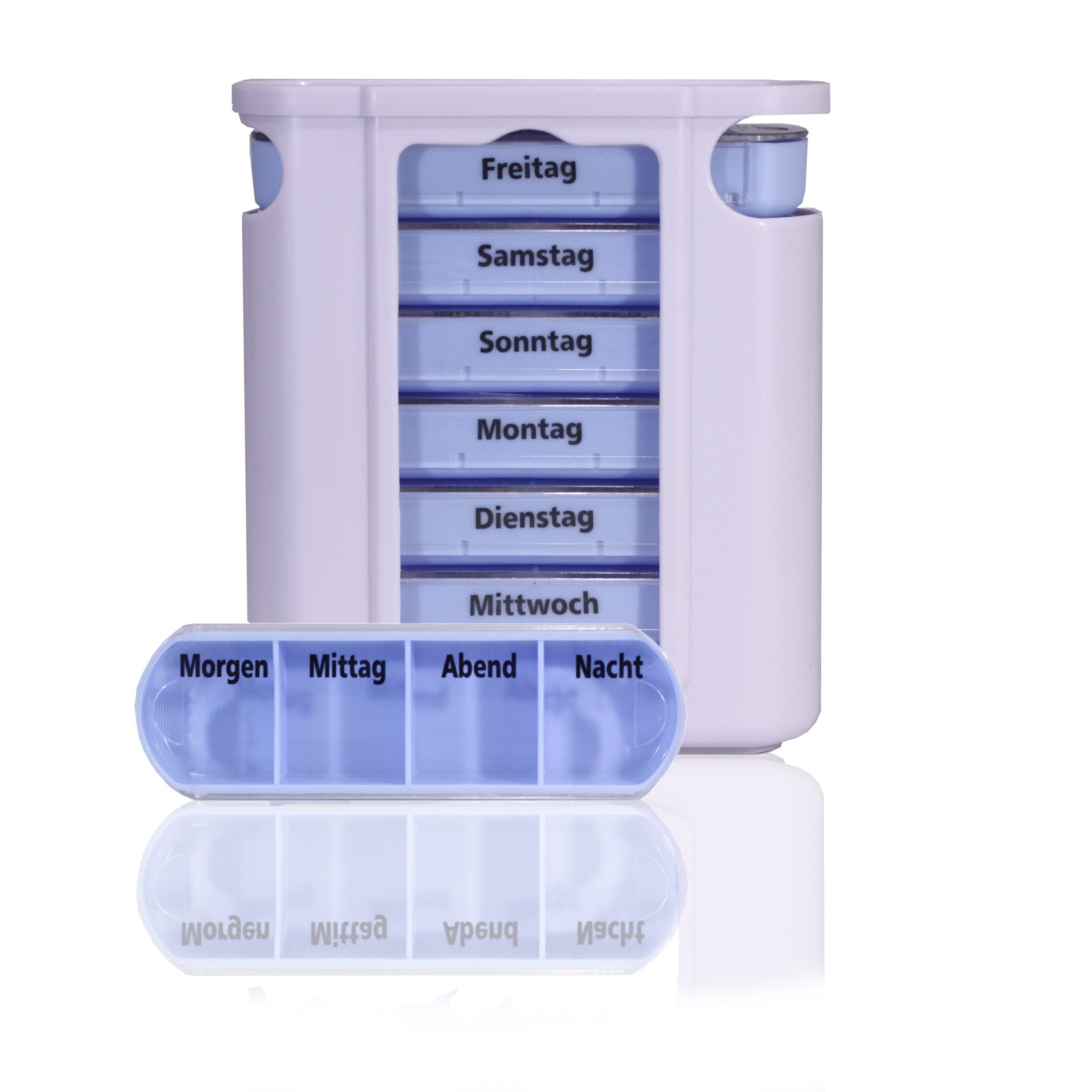 Pillendose mit sieben Fächern, beschriftet mit Wochentagen. Zusätzliche Tagesbox mit vier Fächern: Morgen, Mittag, Abend, Nacht.