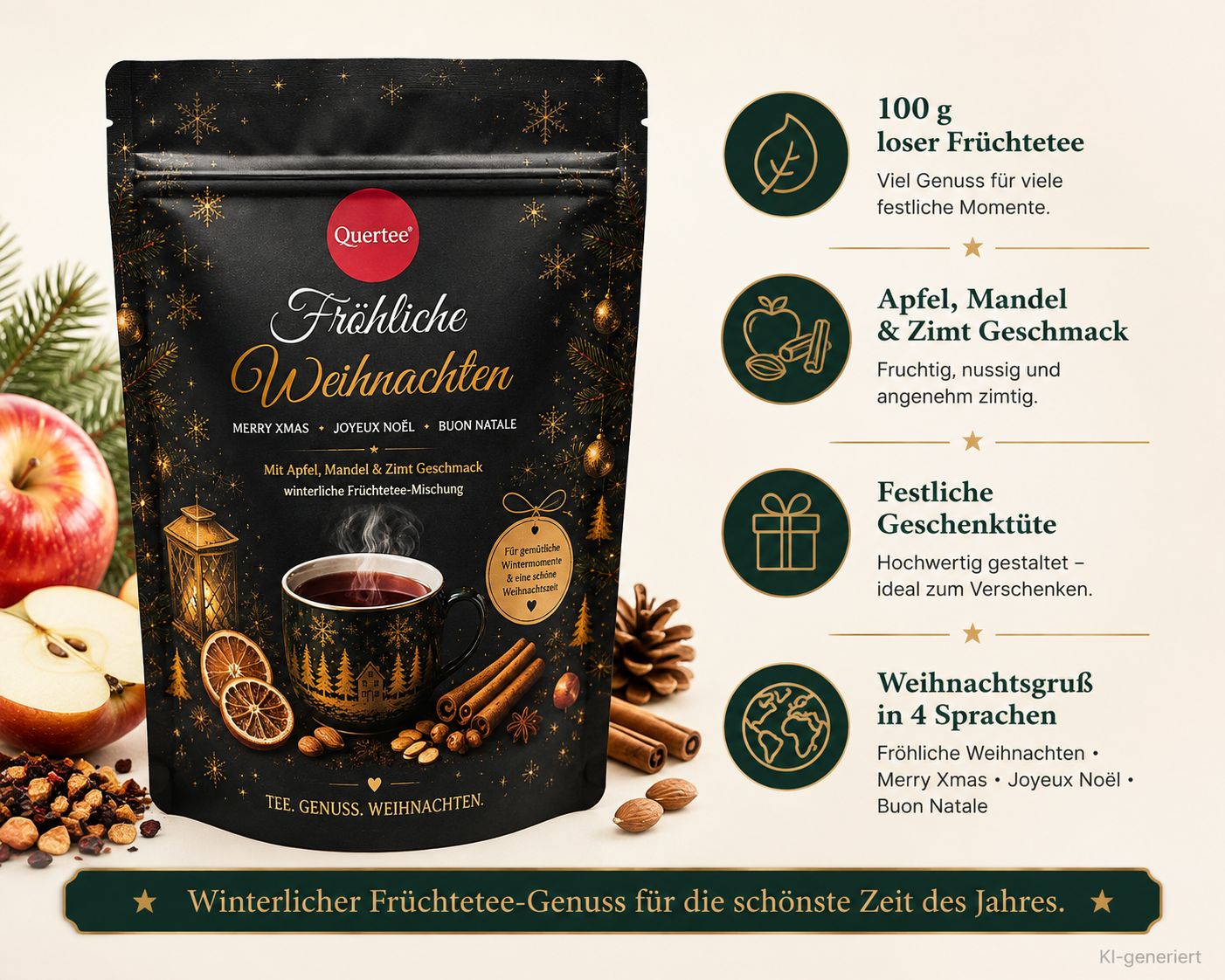 Quertee® - Weihnachtstee „Fröhliche Weihnachten“ – Früchtetee mit Apfel, Mandel & Zimt Geschmack