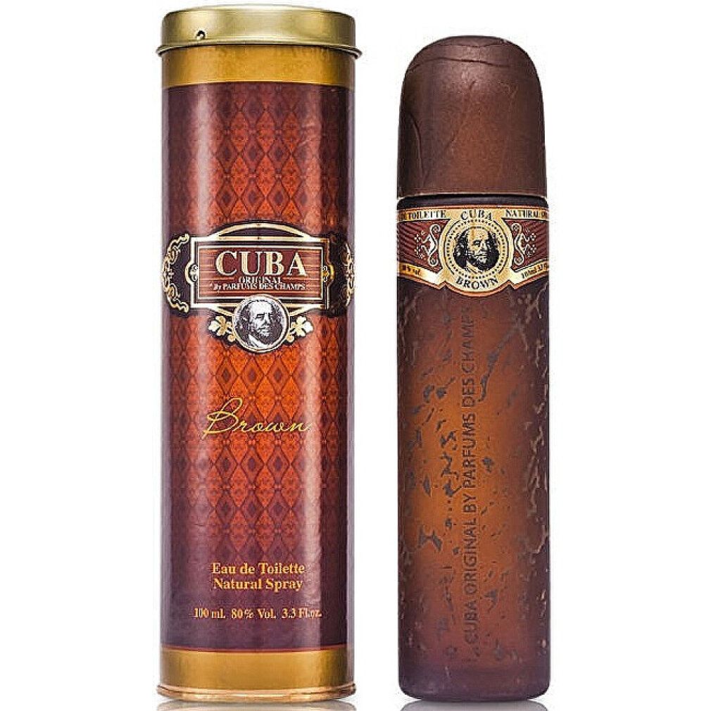 Braune Eau de Toilette Spray-Flasche und goldfarbene zylindrische Verpackung. Aufschrift: CUBA Brown. Eau de Toilette.