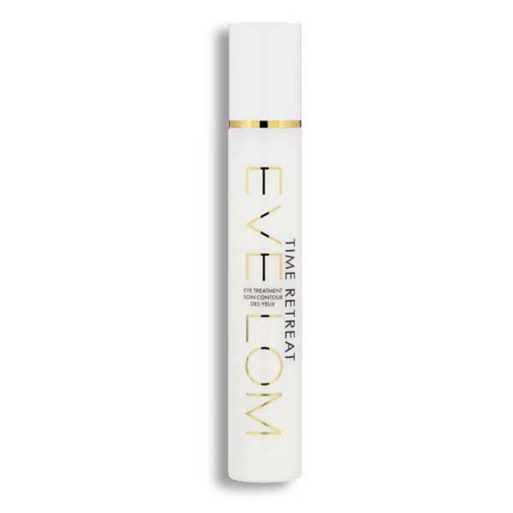 Weiße Flasche mit goldenem Schriftzug. Aufschrift: EVE LOM, TIME RETREAT, EYE TREATMENT.