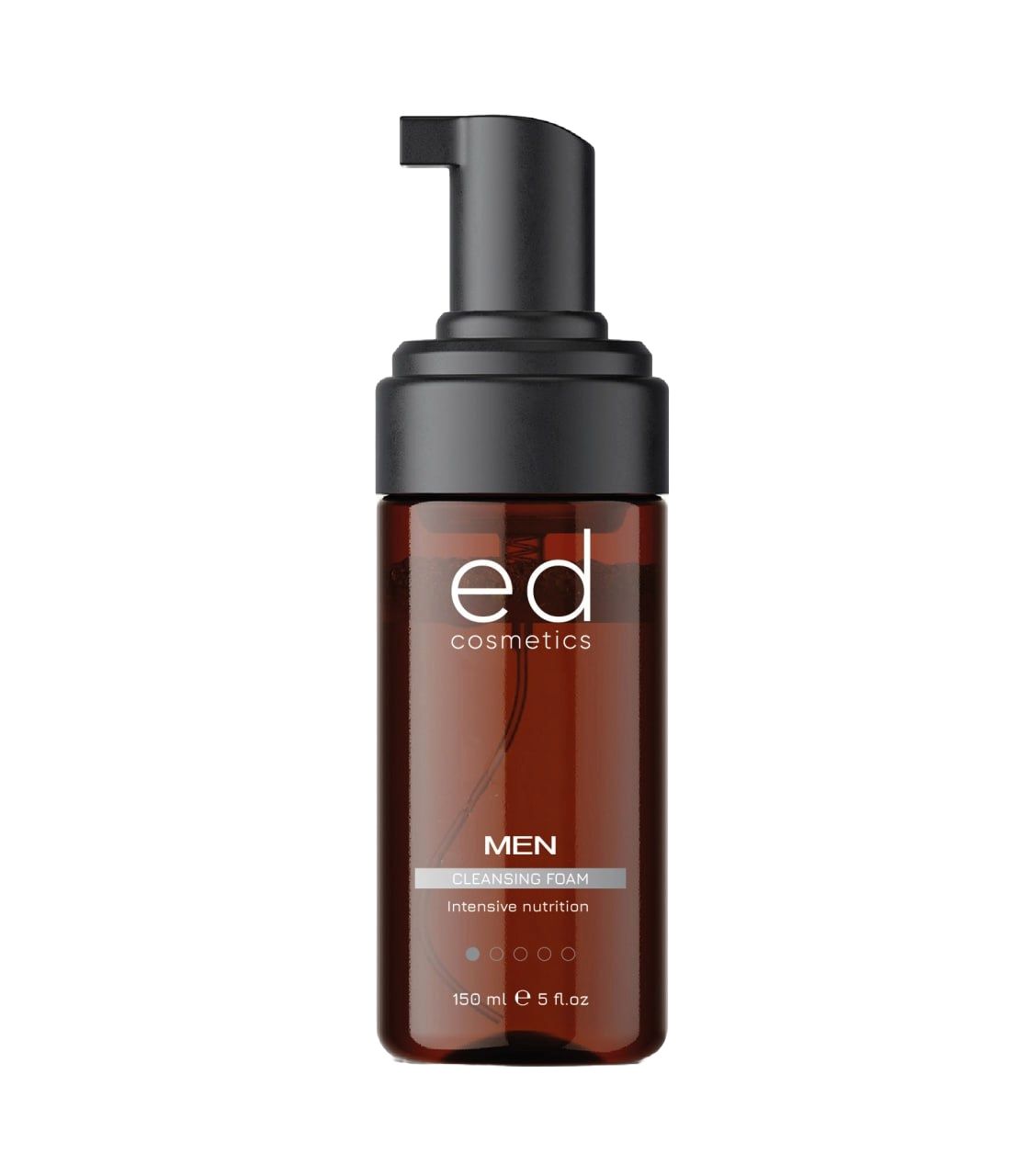 Braune Flasche mit schwarzem Pumpkopf. Aufschrift: ED cosmetics, MEN, Cleansing Foam. 150 ml.
