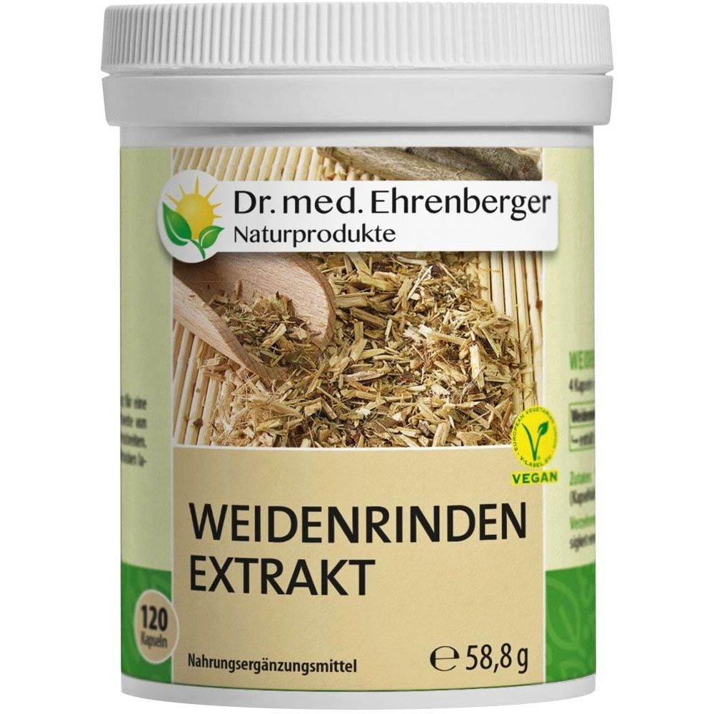 Weidenrinden Extrakt Kapseln in weißer Dose. Aufschrift: Dr. med. Ehrenberger Naturprodukte. Vegan-Siegel. 120 Kapseln.