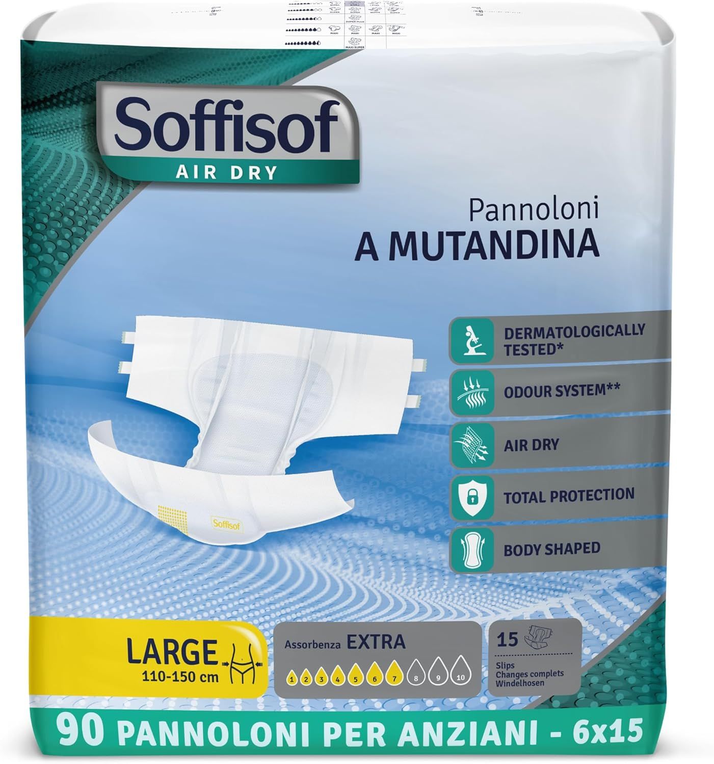 Soffisof Air Dry Windeln für Erwachsene Extra, Größe L. 90 Stück. Dermatologisch getestet, geruchsneutral.