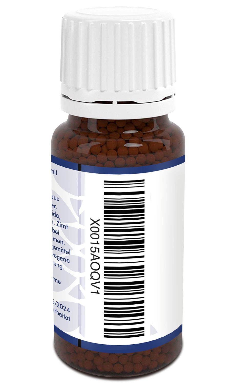 Braune Globuli in einer braunen Glasflasche mit weißem Deckel. Etikett mit Barcode und Text in deutscher Sprache. Rückansicht der Flasche.