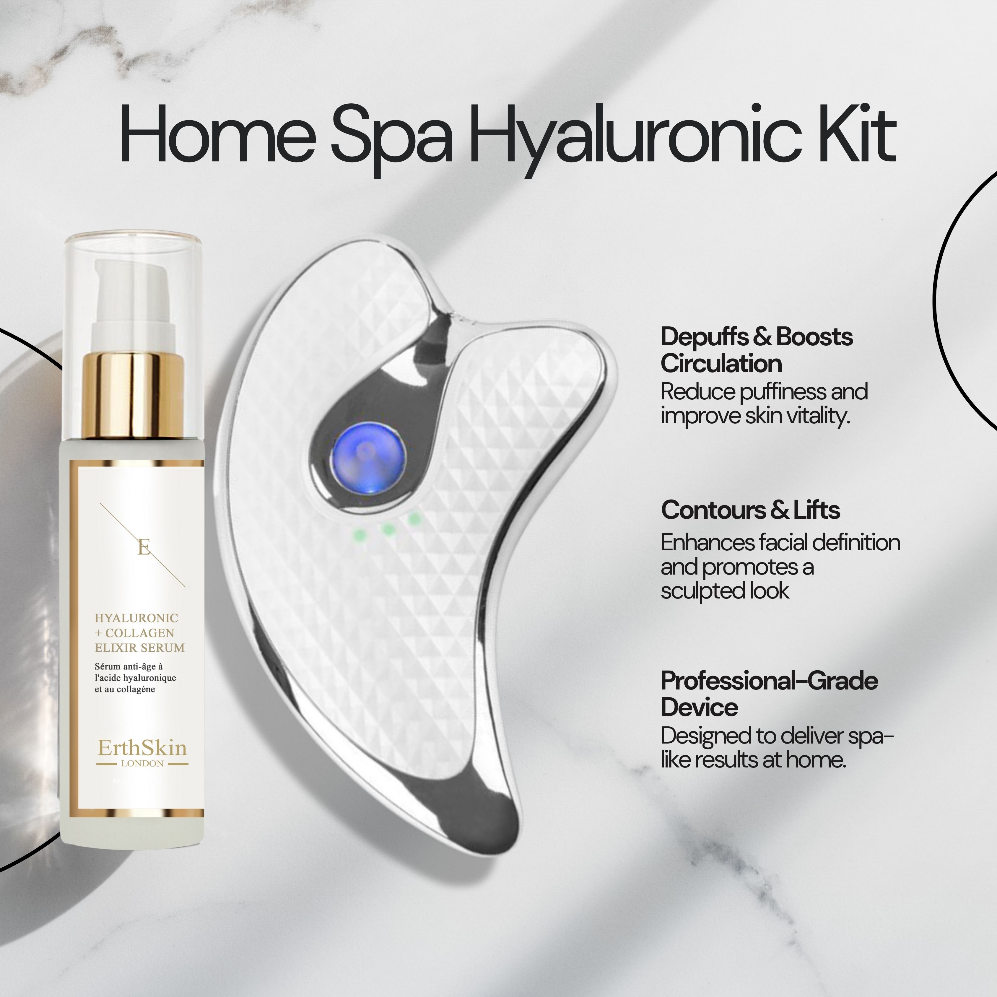 ErthSkin London Hyaluron-Set. Enthält Serum und Gua Sha. Text: Home Spa Hyaluronic Kit. Gua Sha mit blauer LED.