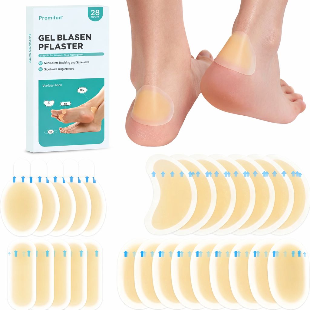 Packung mit 28 Blasenpflastern. Verschiedene Formen. Auf Füßen angebracht. Hydrokolloid-Gel-Pflaster.