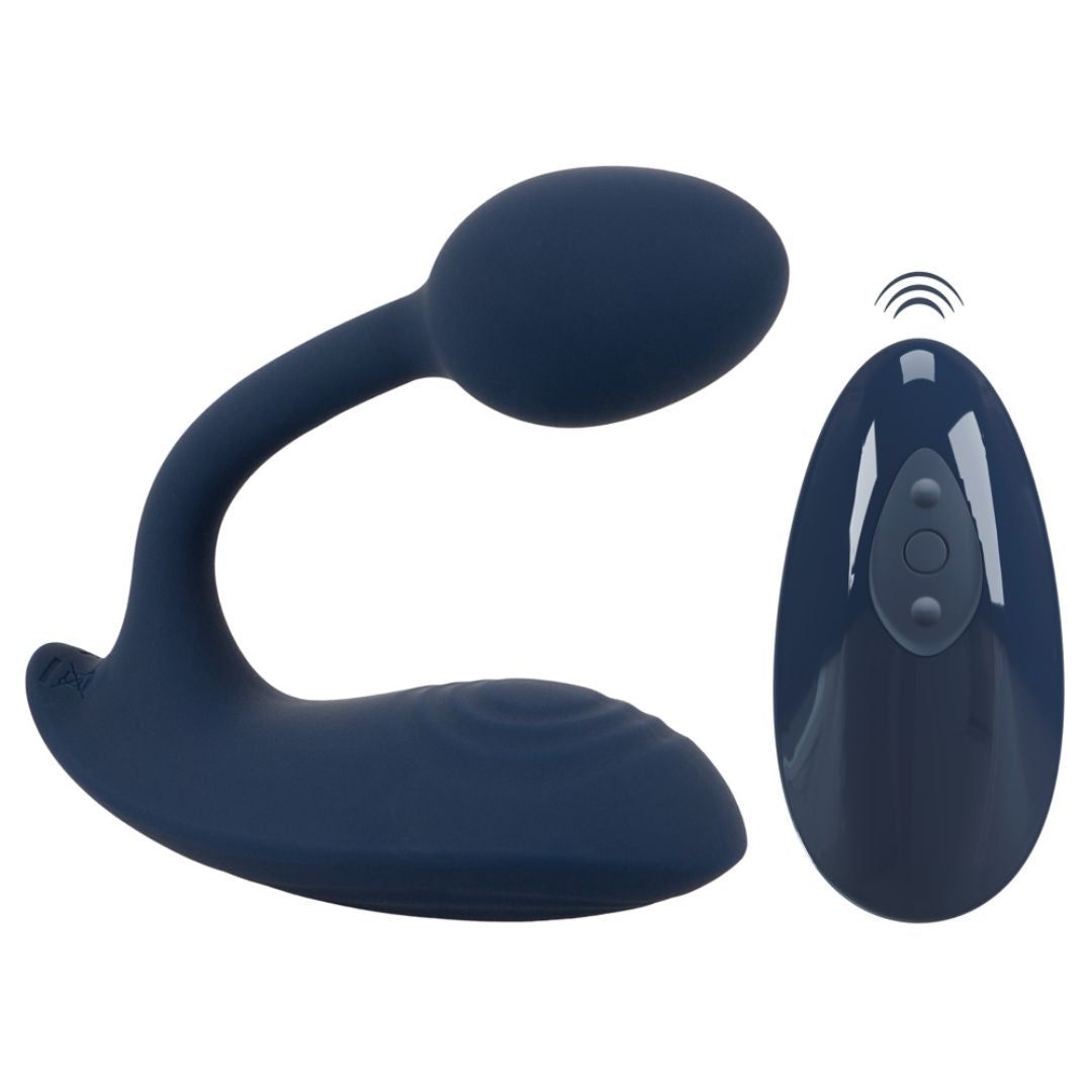 Blaues, gebogenes Vibrationsgerät mit ovalem Kopf und Fernbedienung. Fernbedienung mit zwei Knöpfen.