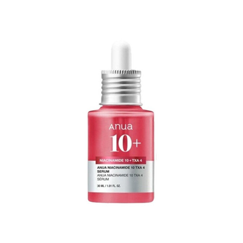 Anua Niacinamide 10%+TXA 4% Serum in roter Glasflasche mit silbernem Verschluss.
