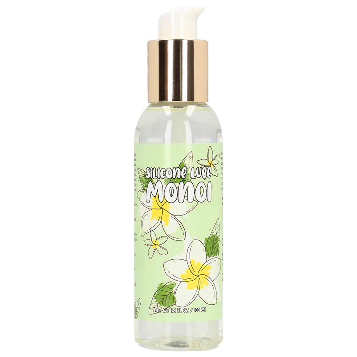 Transparente Flasche mit Pumpe. Aufschrift "Silicone Lube Monoi" mit Blumenmuster. Goldfarbener Pumpenkopf.