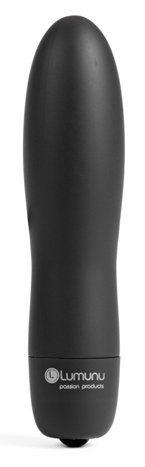 Schwarzer Minivibrator mit abgerundeter Form. Am unteren Ende Logo und Schriftzug "Lumunu passion products".