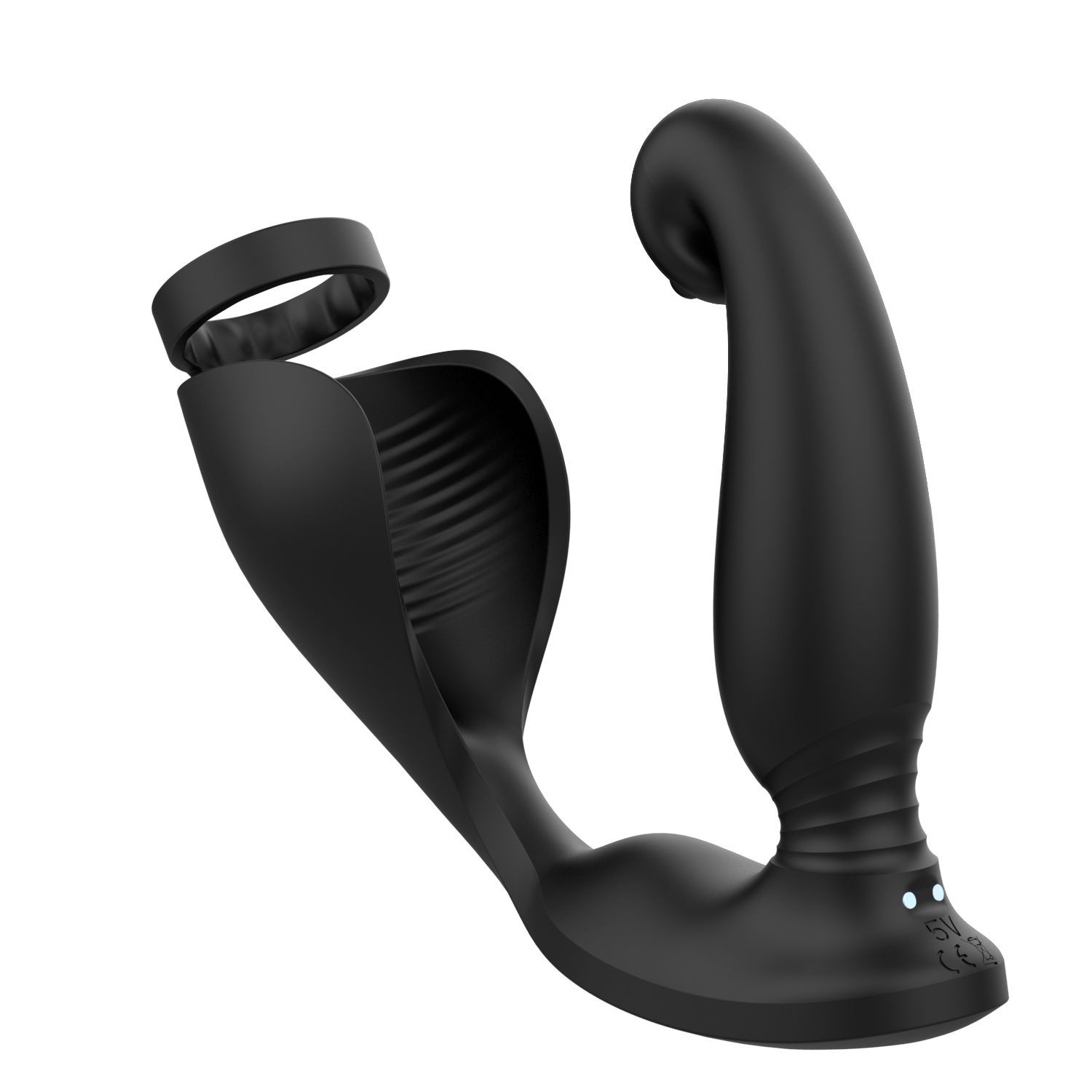 Schwarzes Wellness-Produkt mit gebogener Form, Ring und Hohlraum. Perspektivische Ansicht.