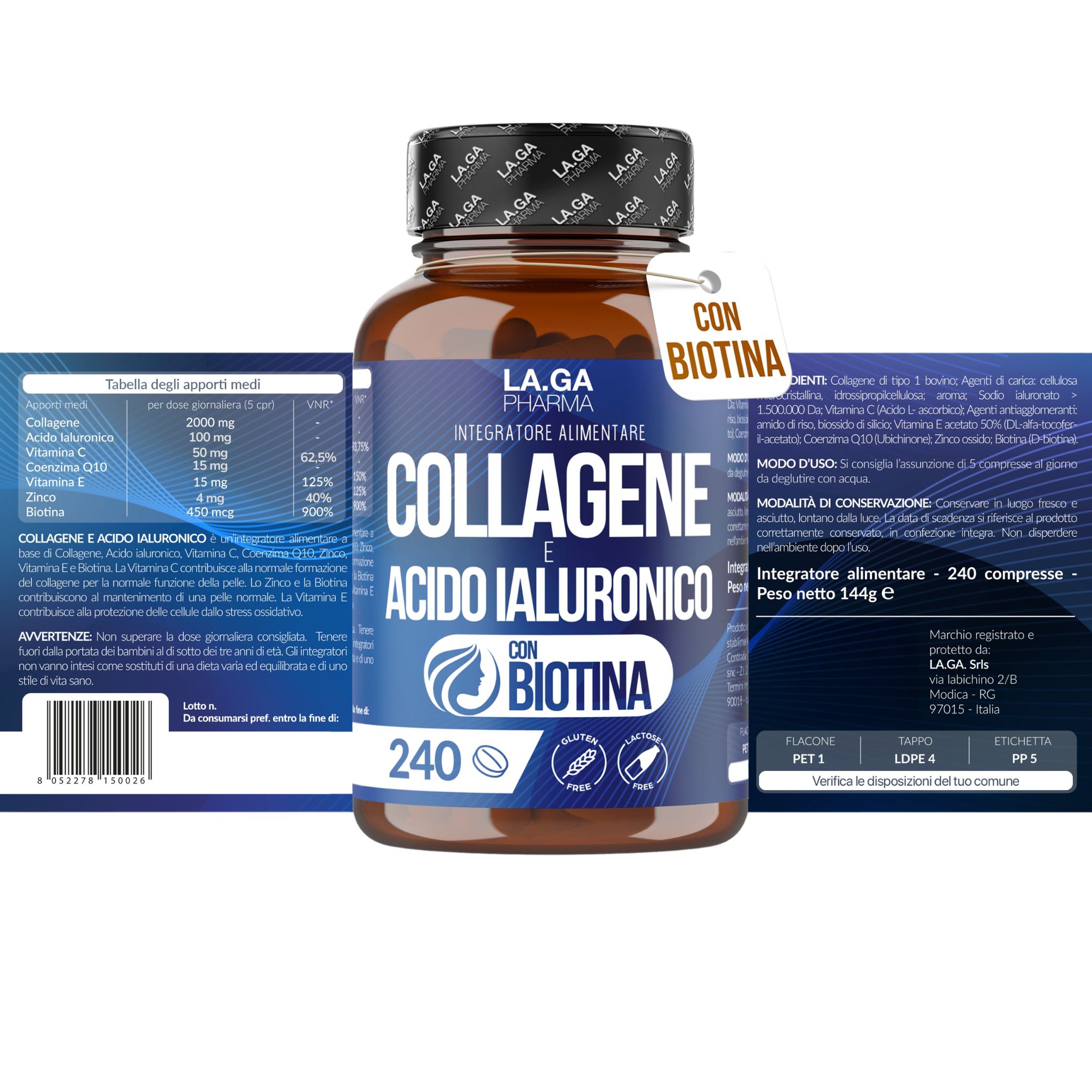 Kollagen Komplex mit Hyaluron & Biotin – 240 Tabletten hochdosiert. 2000 mg Kollagen-Hydrolysat mit