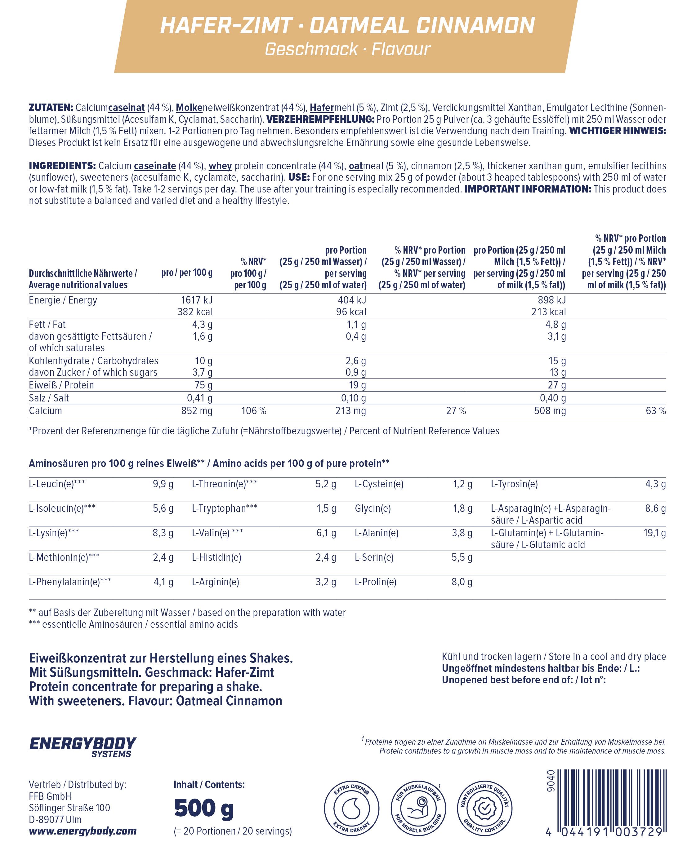 Rückseite der Protein-Verpackung. Text: Hafer-Zimt Geschmack, Nährwertangaben, Zutaten, Aminosäuren, 500g Inhalt, 20 Portionen, Energybody Systems Logo.