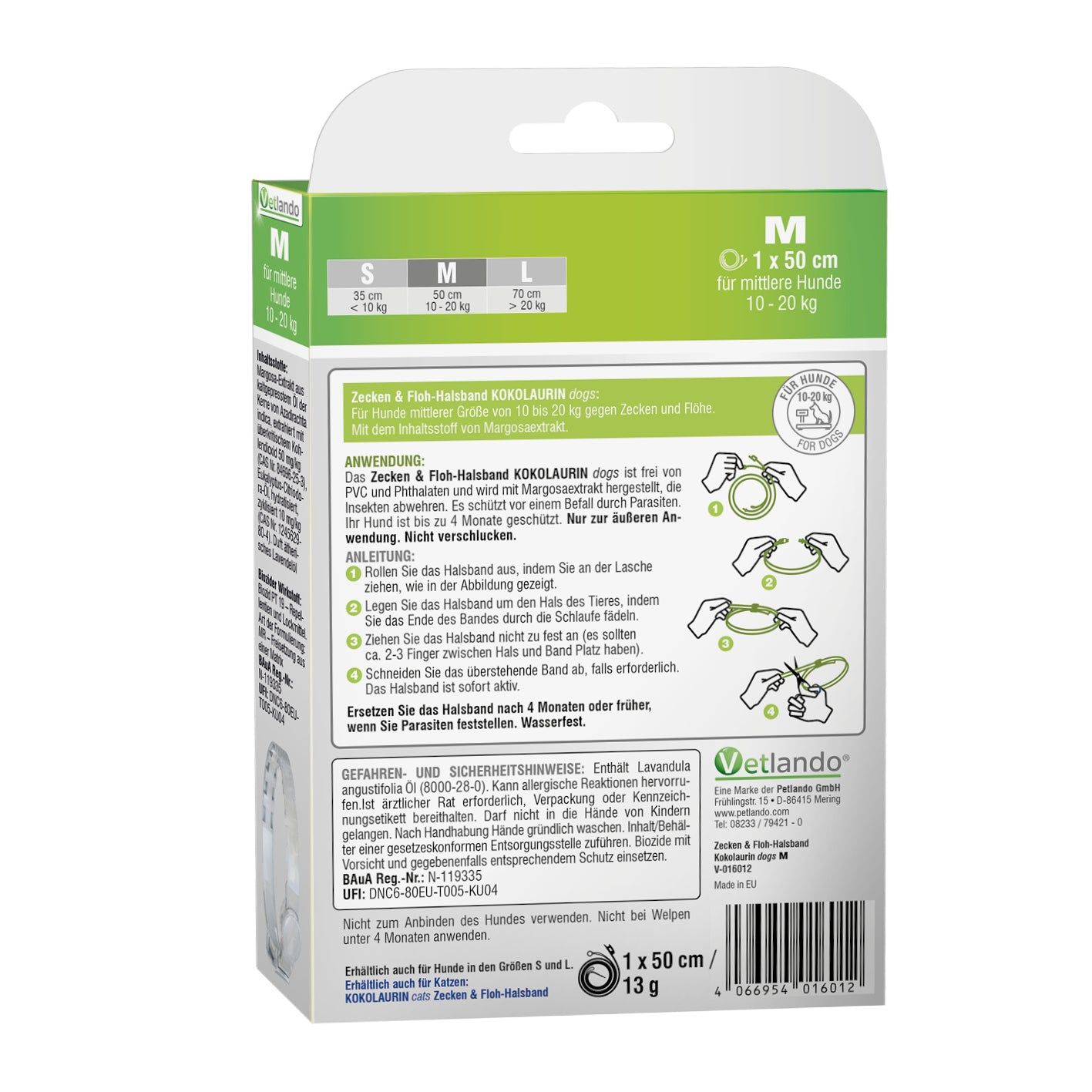 Rückseite der Verpackung: Größenübersicht S, M, L. Anwendungshinweise und Inhaltsstoffe für das Vetlando Zecken- & Floh-Halsband.