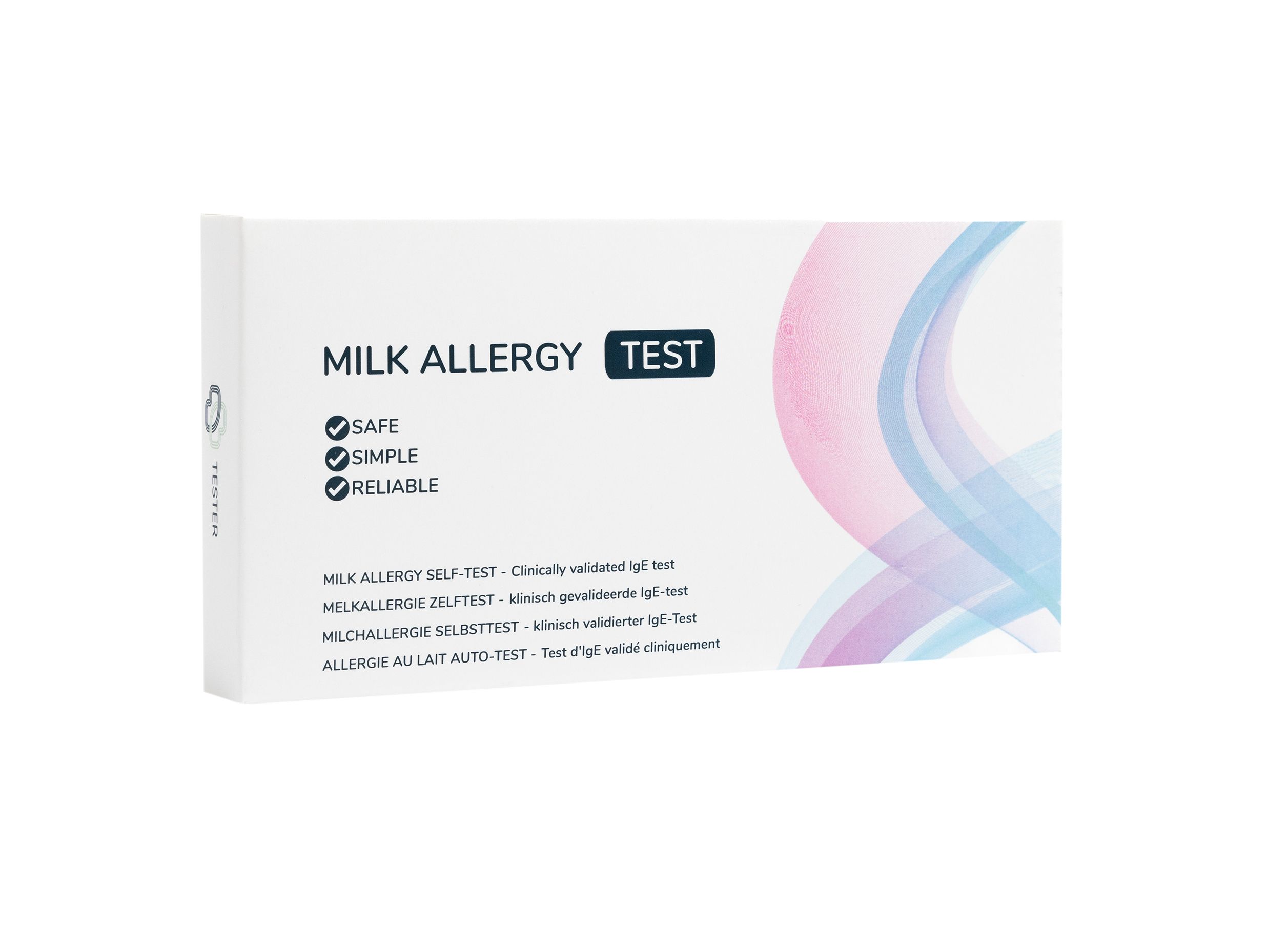 Milchallergie Test-Kit Verpackung. Weiß mit Produktnamen und Logos. Text: Safe, Simple, Reliable.