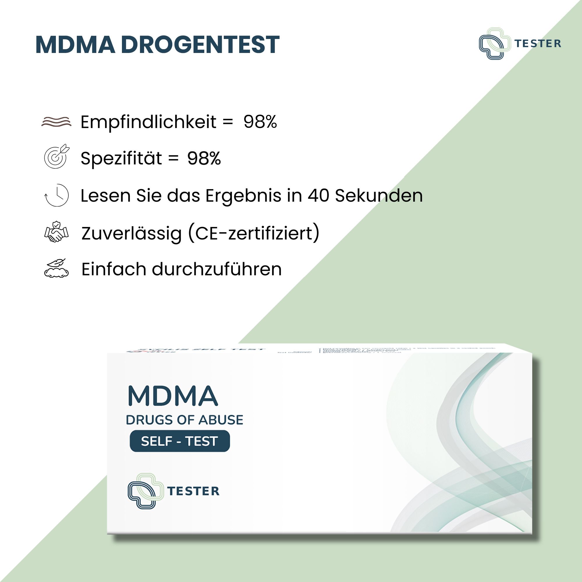 Produktverpackung mit Text: MDMA Drogentest. Text: Empfindlichkeit 98%, Spezifität 98%, CE-zertifiziert.