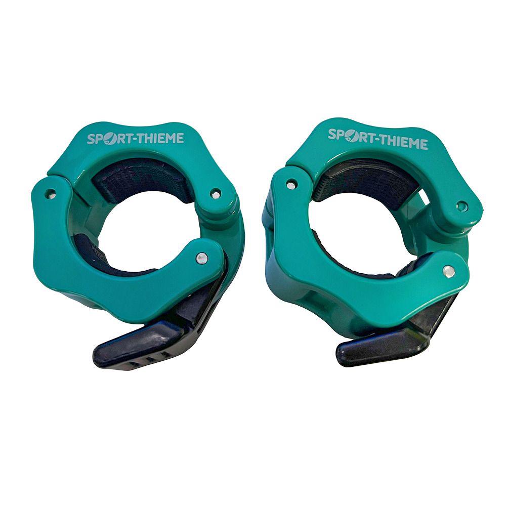 Zwei türkisfarbene Hantelverschlüsse. Aufschrift Sport-Thieme. Runde Form mit sechseckigem Gehäuse.