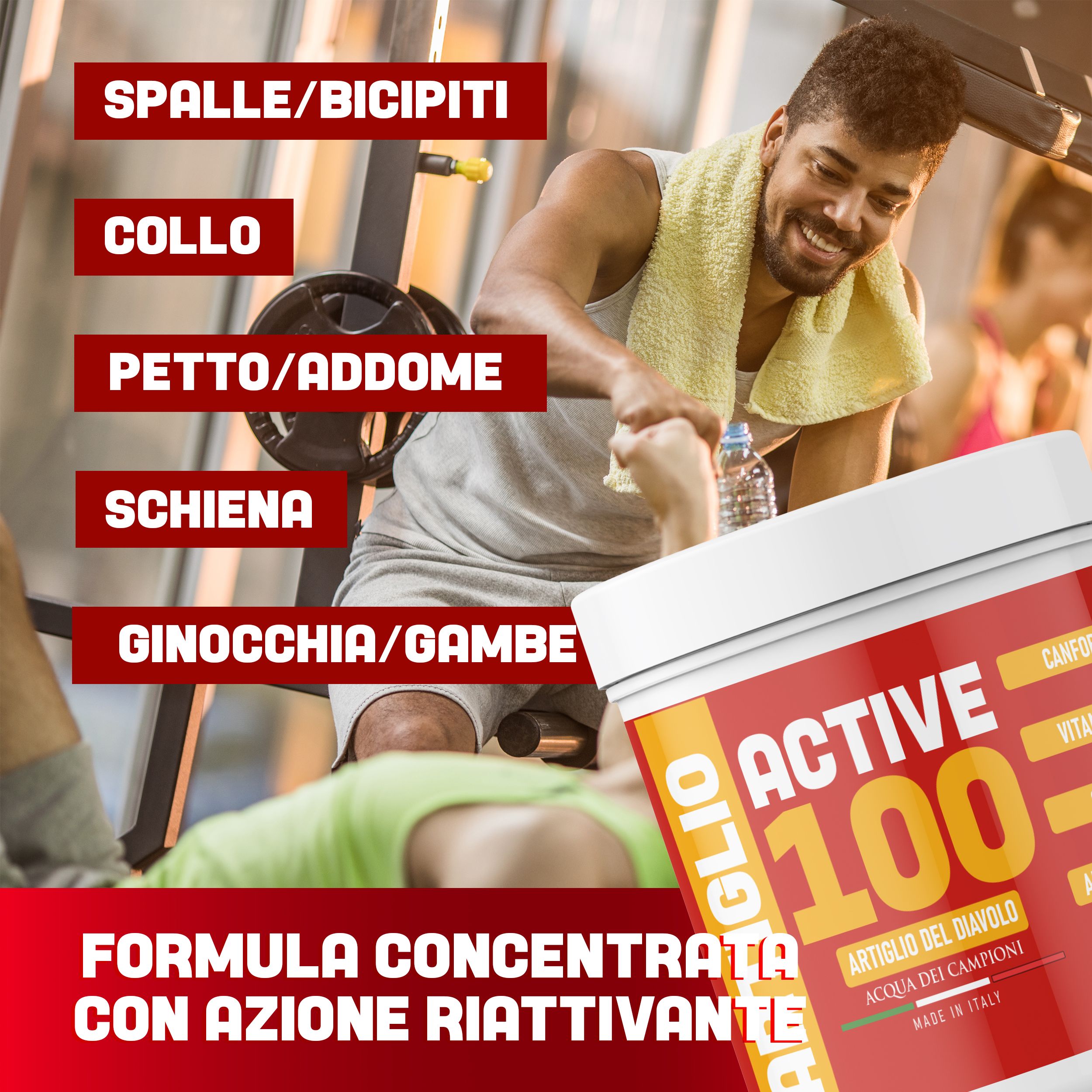 Behälter mit roter und gelber Beschriftung. Text: ACTIVE 100, Artiglio del Diavolo, Made in Italy. Mann im Fitnessstudio.