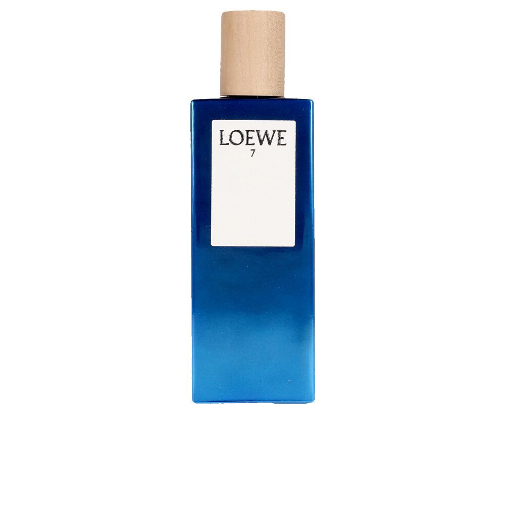 Blaues rechteckiges Parfümflakon mit Holzdeckel. Auf dem weißen Etikett steht "LOEWE 7".