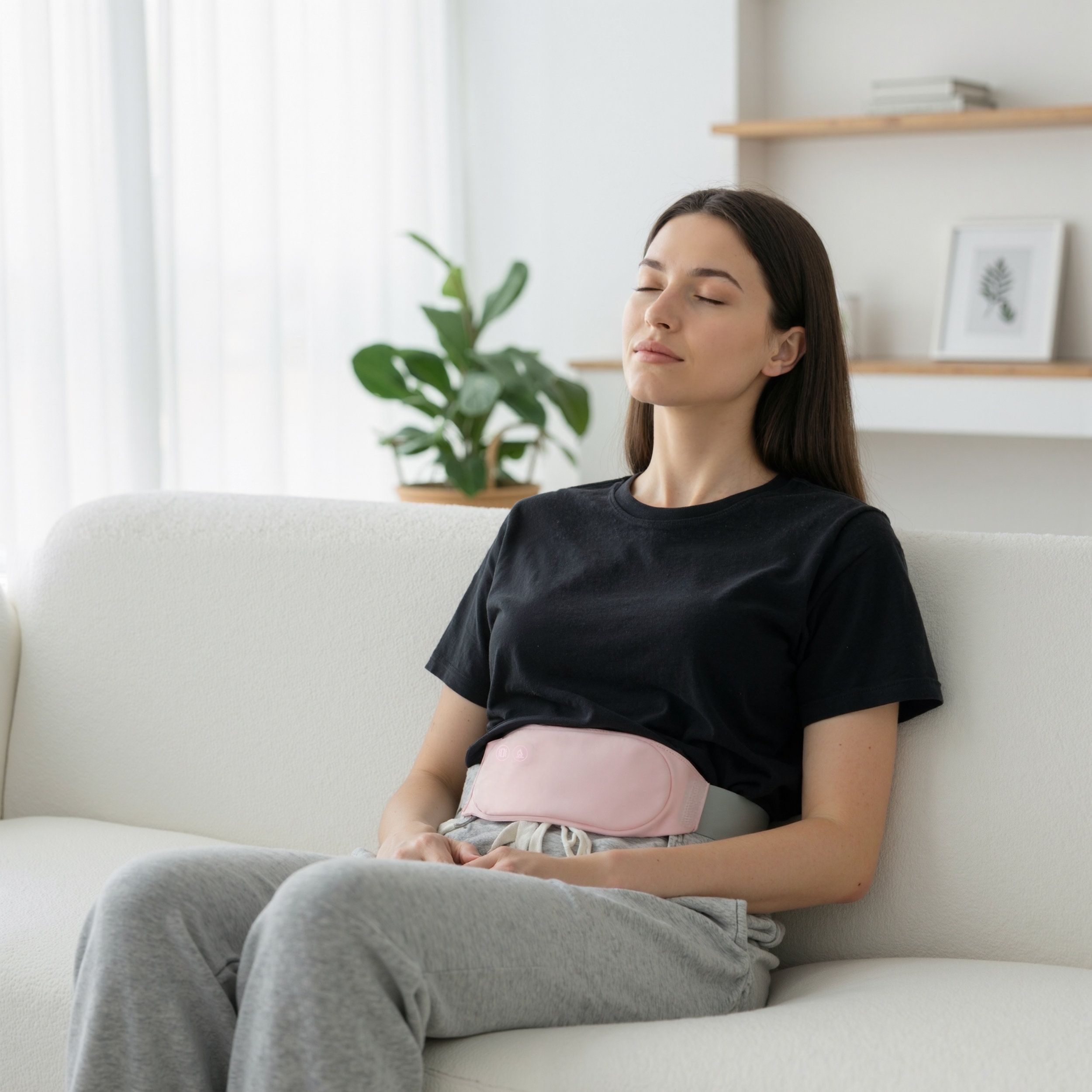 Frau sitzt auf einem Sofa, trägt einen rosa Bauchgurt. Sie hat die Augen geschlossen. Der Gurt liegt auf dem Bauch.