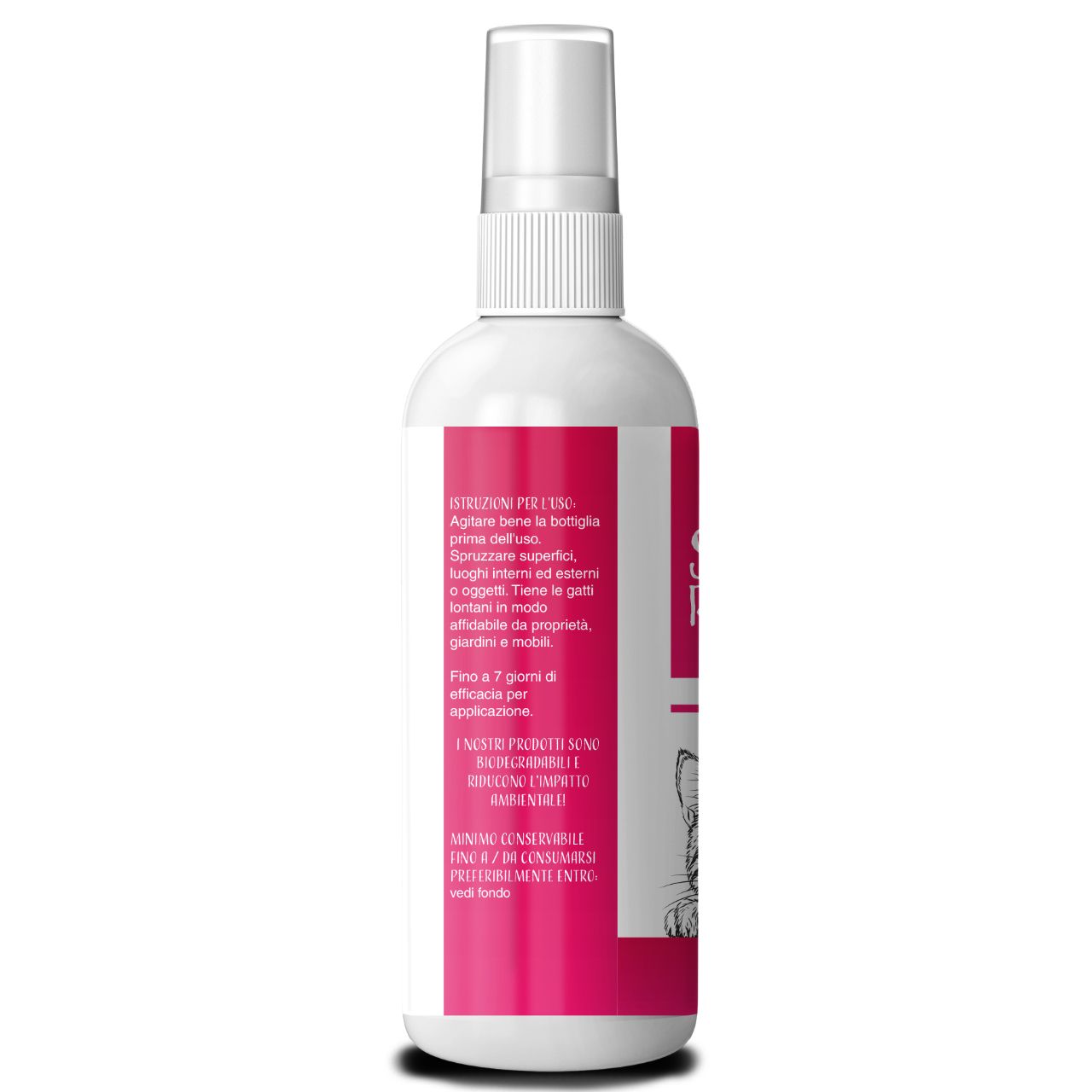 Retro di un flacone spray bianco con etichetta rosa. Testo: Istruzioni per l'uso, ingredienti, da consumare preferibilmente entro.