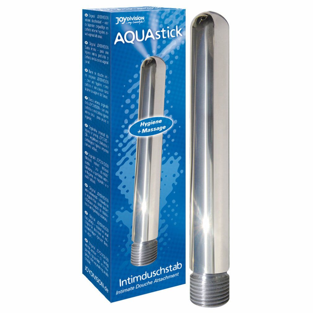 AQUAstick Intimduschstab in Verpackung. Silberfarbenes Produkt, blaue Verpackung mit Text.