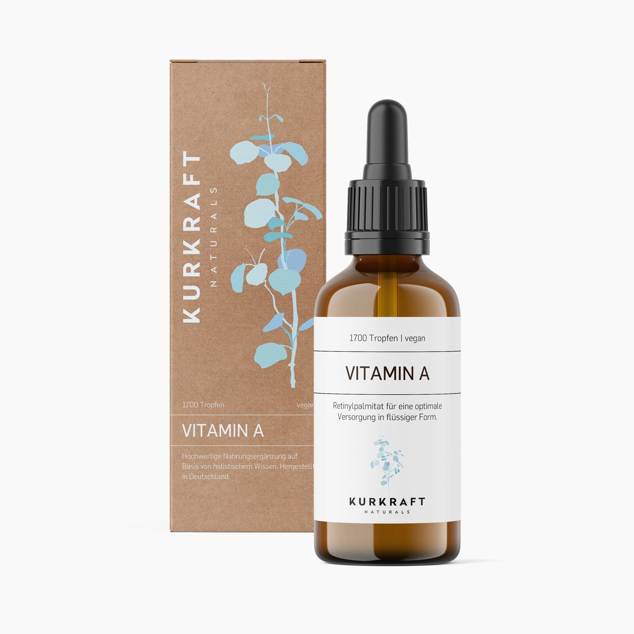Braune Glasflasche mit Vitamin A-Tropfen und Verpackung. Aufschrift: Kurkraft Naturals, Vitamin A, 1700 Tropfen, vegan.