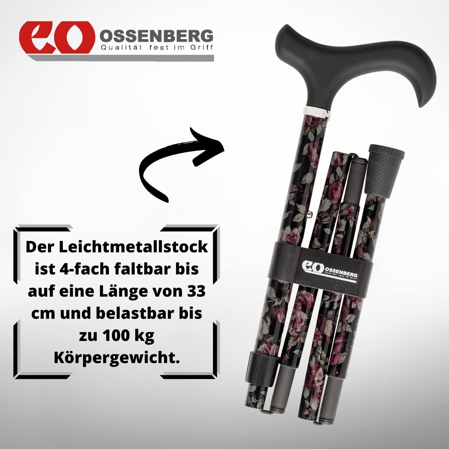 Zusammengefalteter Gehstock mit floralem Muster. Schwarzer Griff, floral gemusterter Schaft. Ossenberg Logo. Text: 4-fach faltbar bis 33 cm.