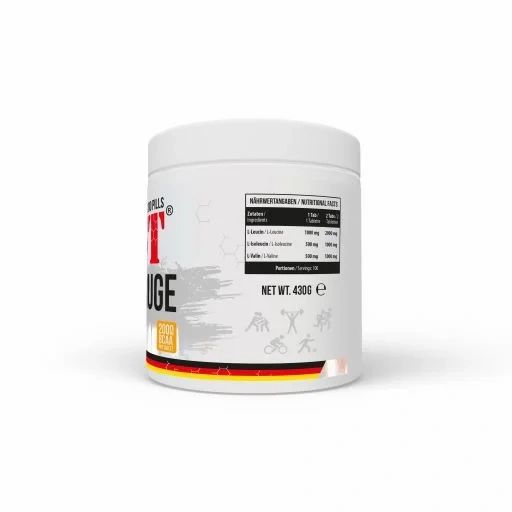 Weißer Supplement-Behälter mit MST Huge-Aufdruck. Enthält Nährwertangaben. Mit deutscher Flagge.