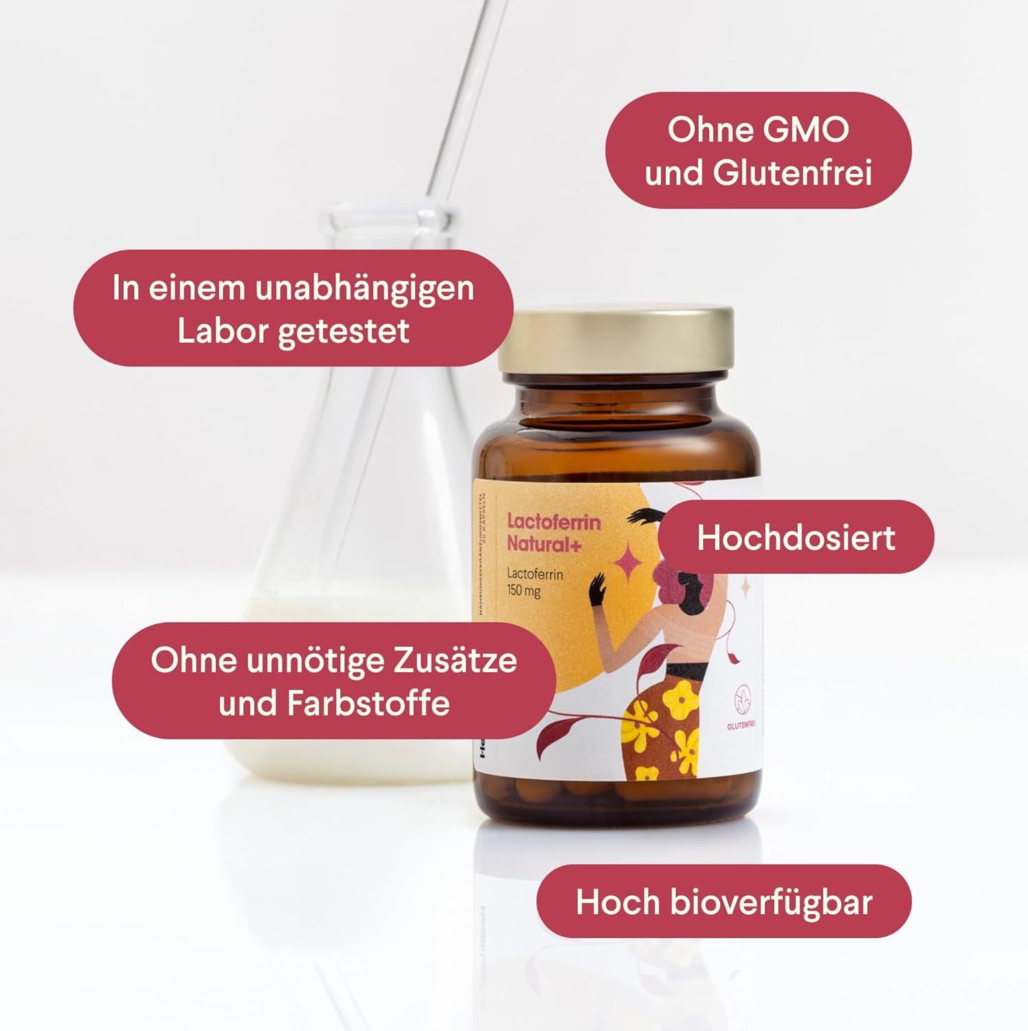 Braune Flasche mit Kapseln, daneben ein Becherglas. Text: Ohne GMO, ohne Gluten, hochdosiert, hoch bioverfügbar, in Labor getestet.