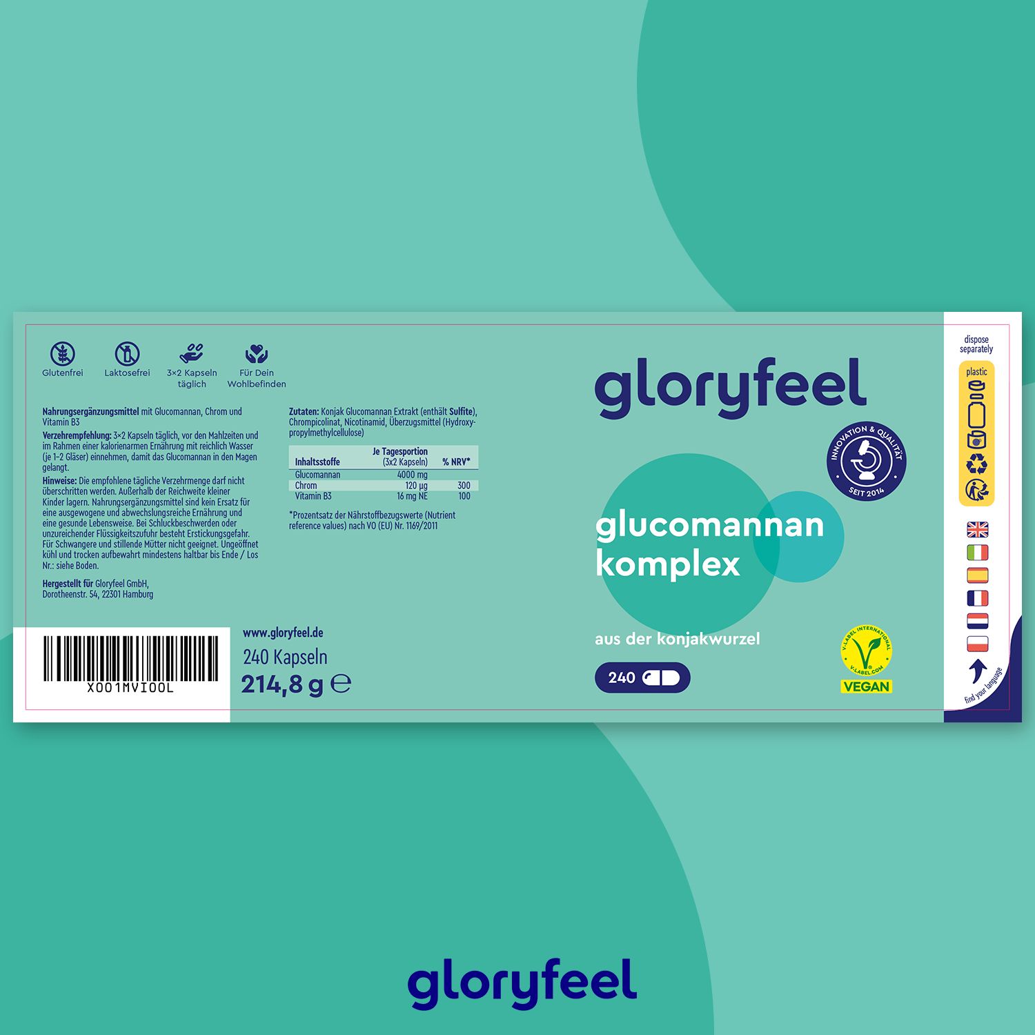 Rückseite der Verpackung mit Informationen. Aufschrift: gloryfeel, Glucomannan Komplex, 240 Kapseln, vegan.