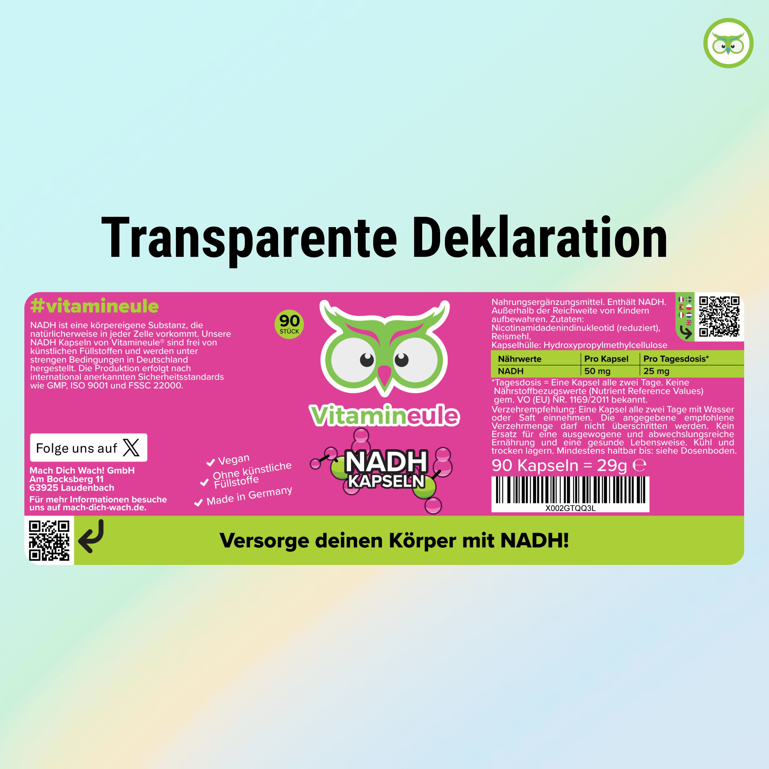 Produktetikett mit Text: #vitamineule, 90 Kapseln, Vegan, Ohne künstliche Inhaltsstoffe, Made in Germany. Versorge deinen Körper mit NADH!