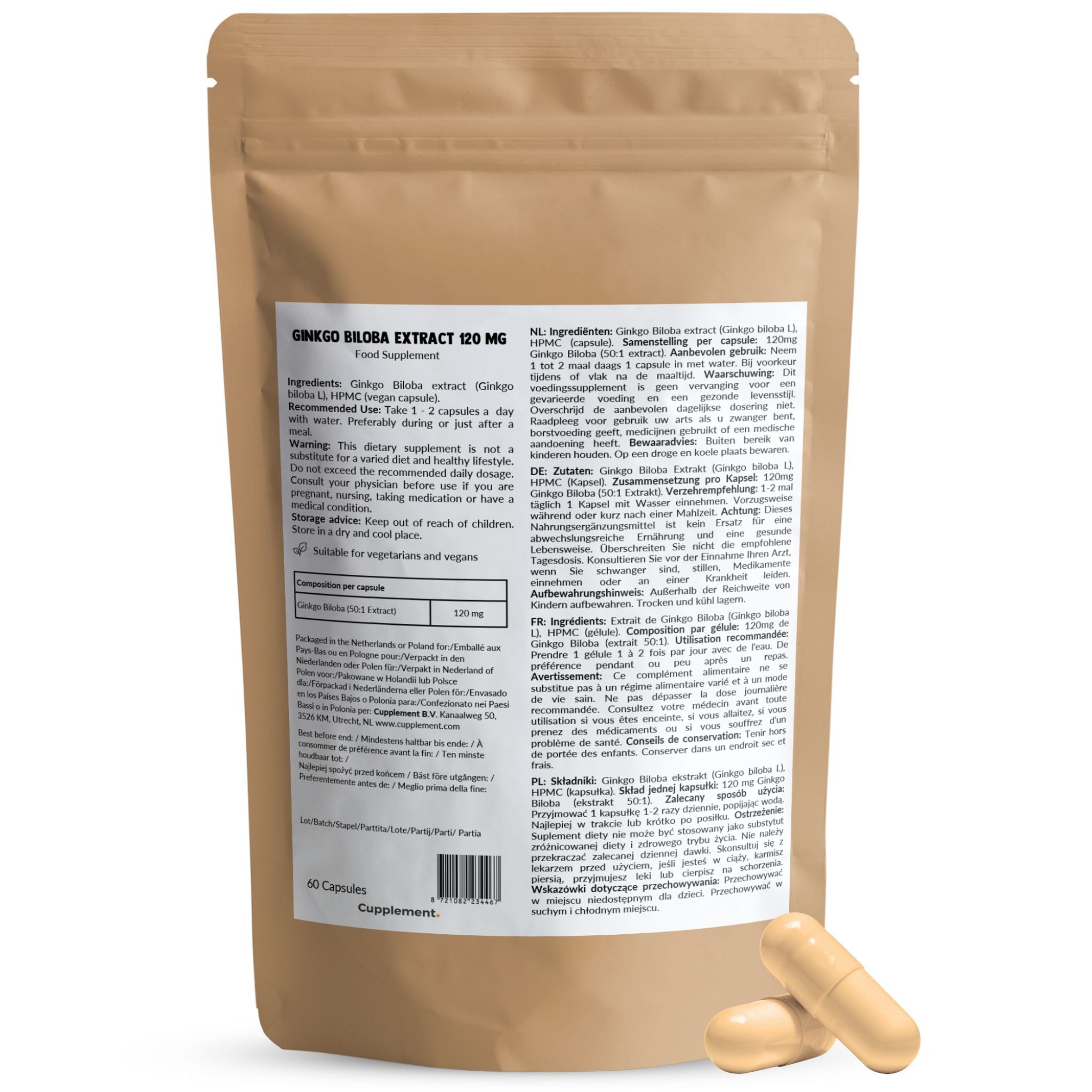 Rückseite der Verpackung mit Informationen zu Ginkgo Biloba. Zwei Kapseln liegen daneben.