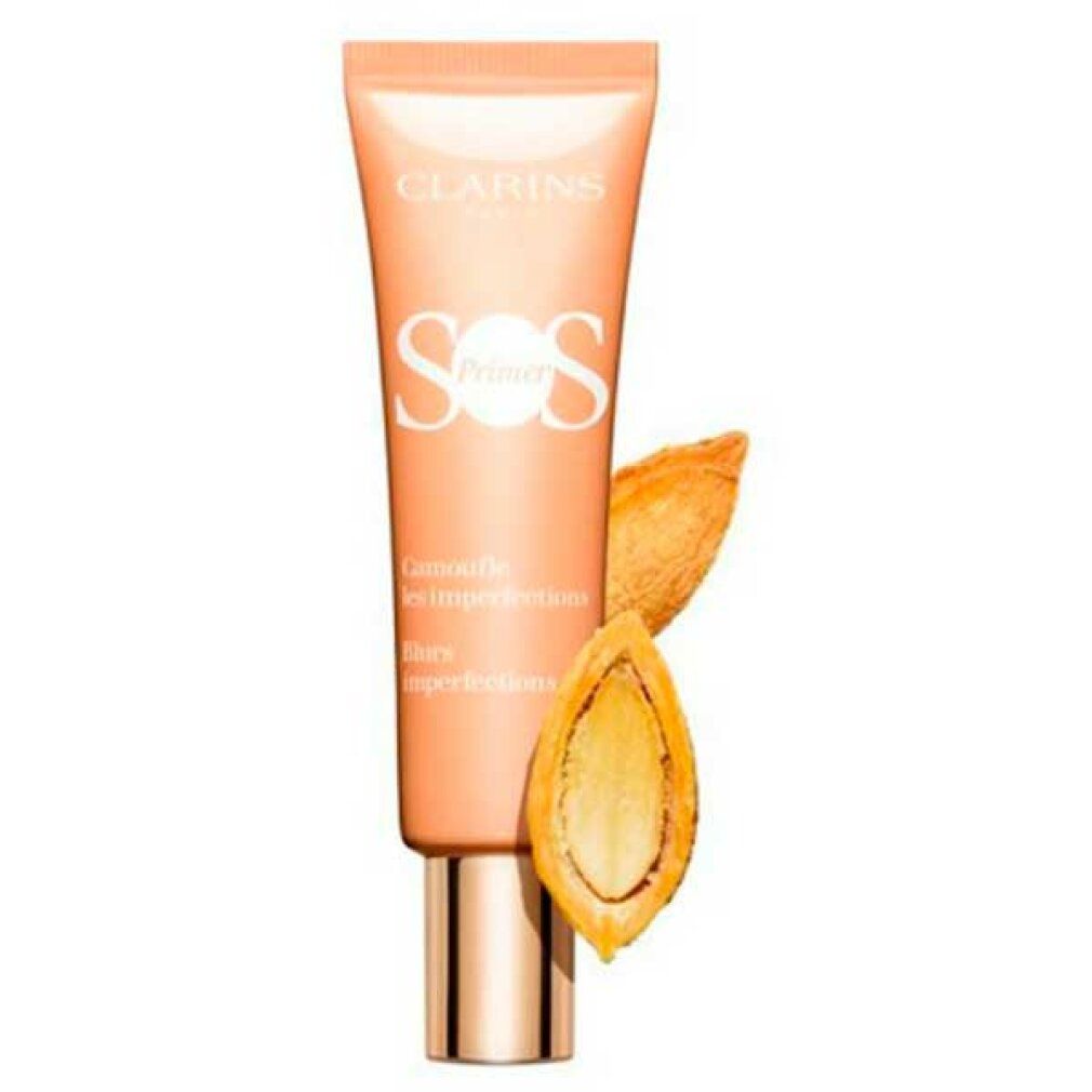 Tube CLARINS SOS Primer Peach mit Mandeln. Text: Camoufle les imperfections, blurs imperfections.