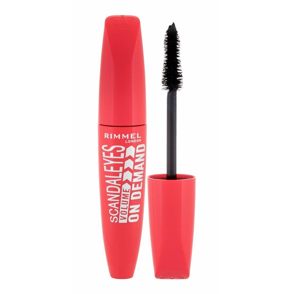 Rote Mascarahülse und Bürste. Schwarze Bürste. Aufschrift: Scandaleyes Volume On Demand. Marke: Rimmel London.