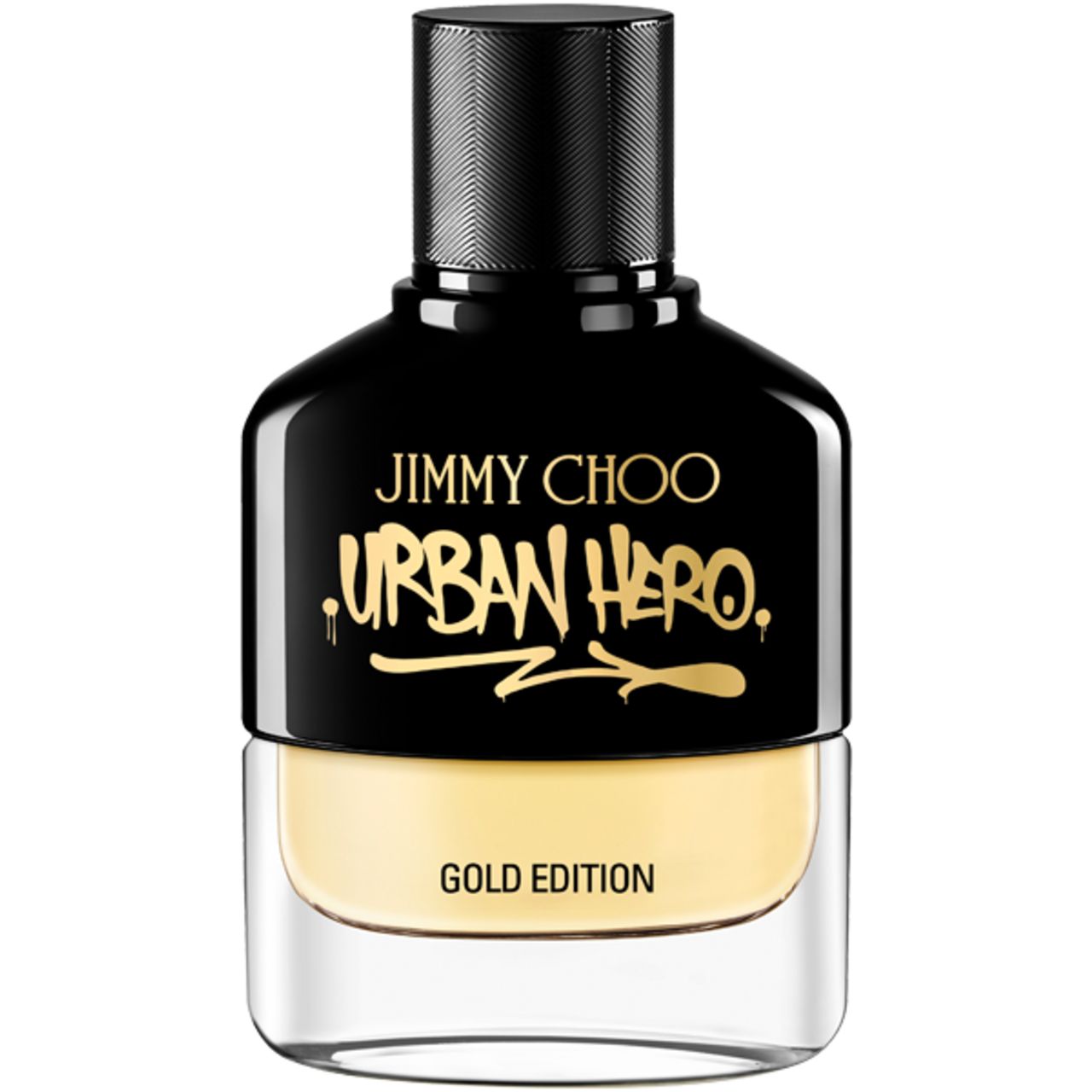 Jimmy Choo Urban Hero Gold Edition Eau de Parfum Flakon mit schwarzem Verschluss und goldenem Schriftzug.