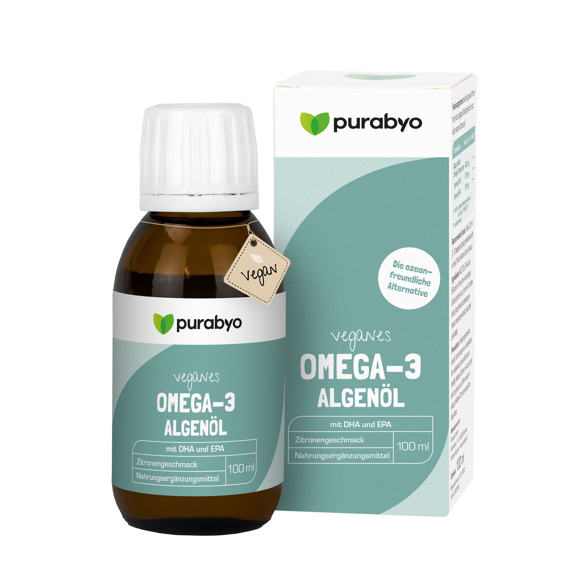 Purabyo Omega-3 Algenöl flüssig | 420 mg Omega -3 natürliches Zitronen-Aroma 100 ml Flüssigkeit zum Einnehmen
