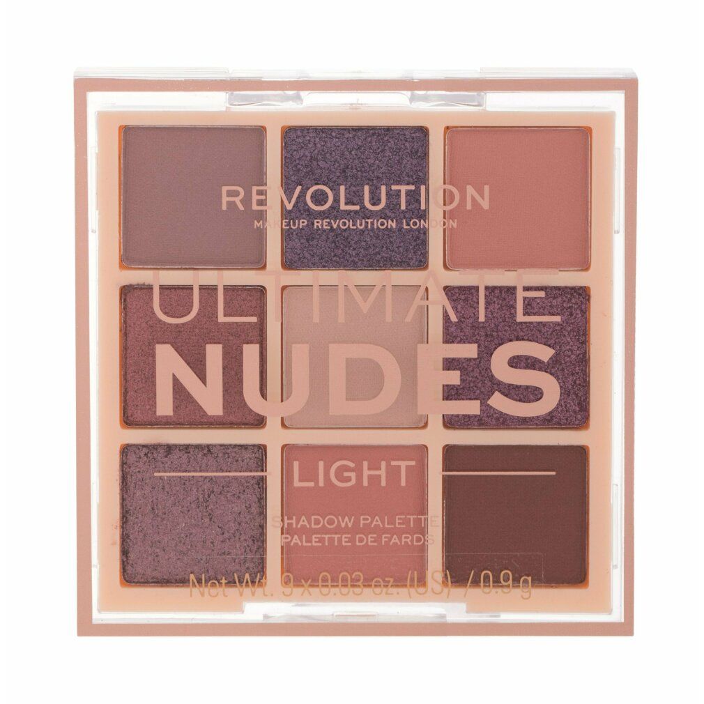 Lidschatten-Palette mit neun Farbtönen. Aufschrift: REVOLUTION, ULTIMATE NUDES LIGHT, SHADOW PALETTE. Quadratische Verpackung.