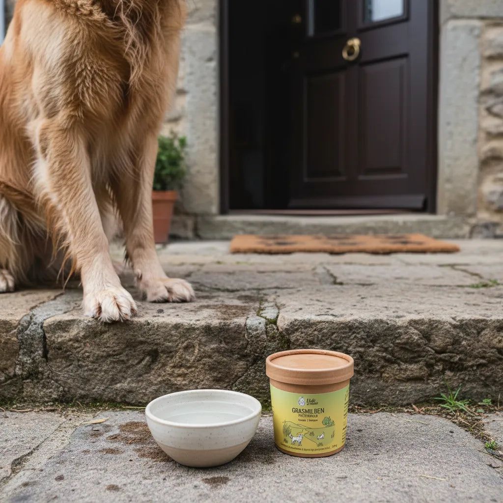 Hund vor Tür. Neben ihm: Schale mit Wasser und Behälter mit Deckel. Aufschrift: Yuki cares Grasmilben Pfotenbad für Hunde.